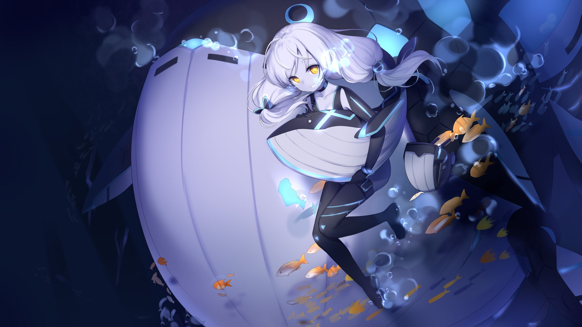 close-up, white hair, water bubbles, technology, underwater, fishes, occupation, Anime, representation, skill, robot, people, human representation, 1080P, HD Wallpaper