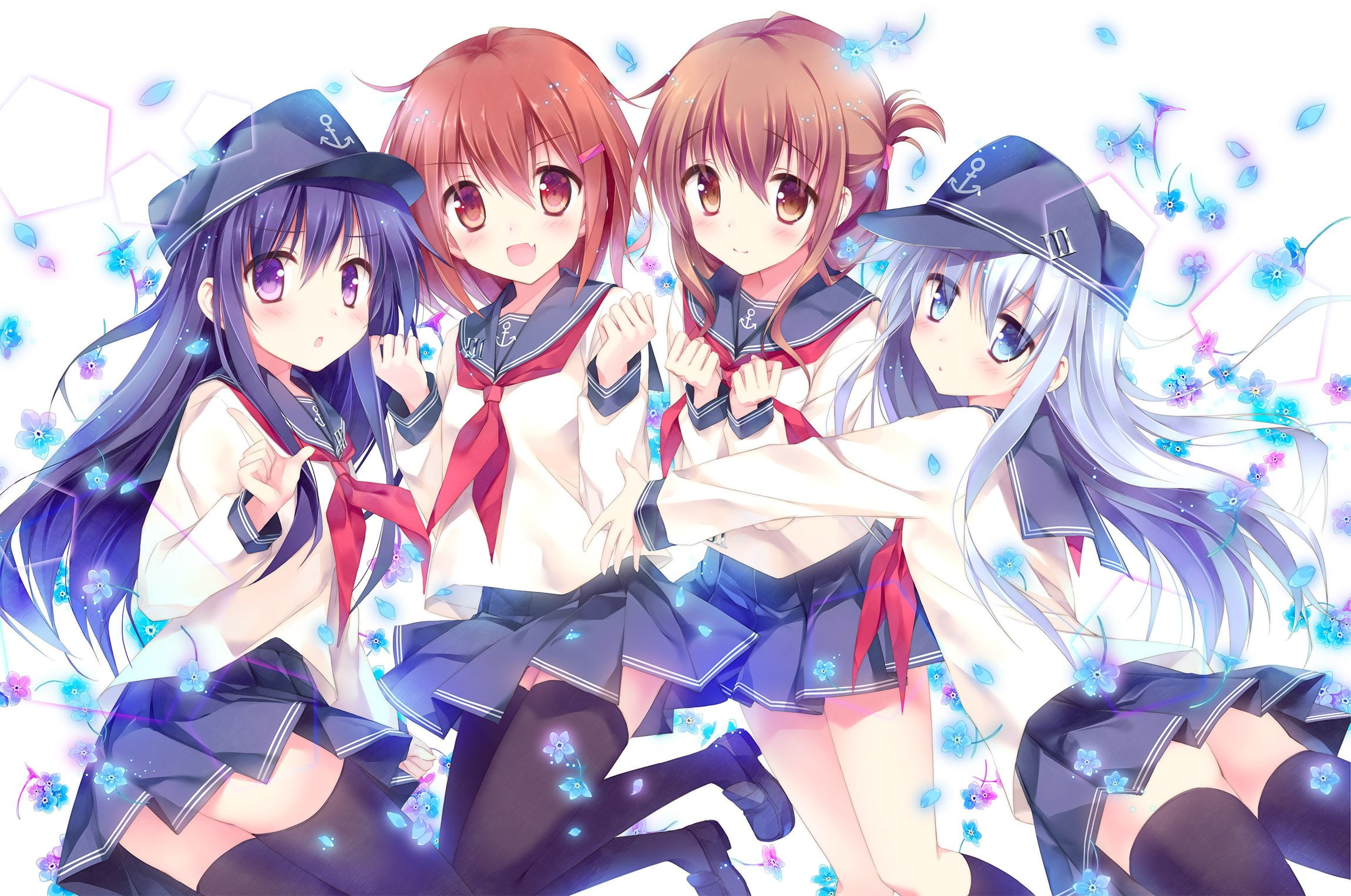 brown, collection, 1080P, blue, seifuku, purple, kneehighs, thighhighs, eyes, flowers, short, white, long, group, hair, hat, blush, kantai, fang, skirt, HD Wallpaper