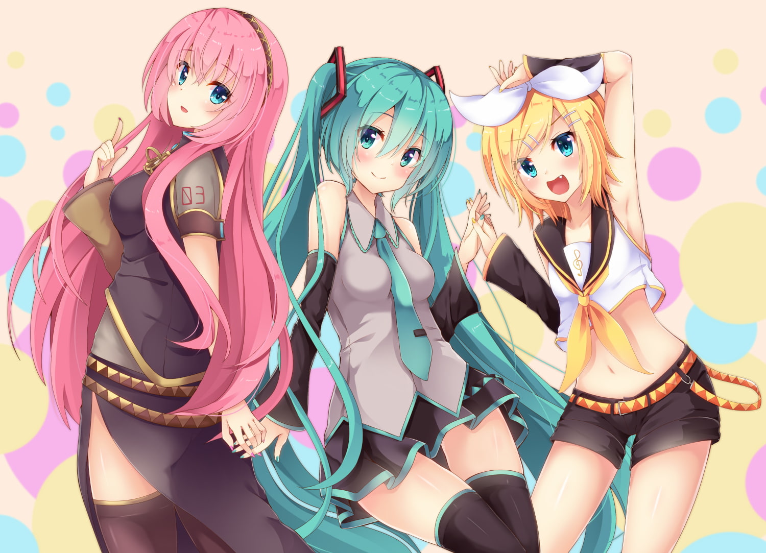 navel, short, 720P, skirt, headband, vocaloid, twintails, shorts, tie, long, eyes, 255931, com, fang, blonde, thighhighs, hair, pink, aqua, konachan, nozomiyuyu, HD Wallpaper