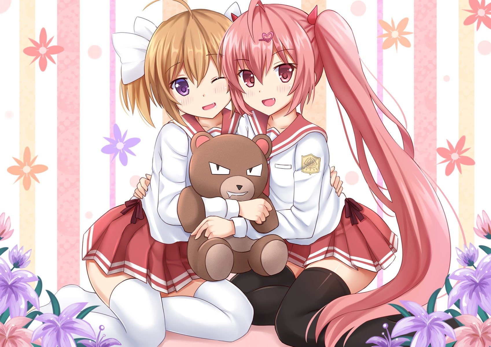fang, wink, eyes, thighhighs, pink, twintails, kazenokaze, seifuku, blonde, hair, horns, flowers, girls, purple, 720P, short, long, bow, bear, teddy, HD Wallpaper