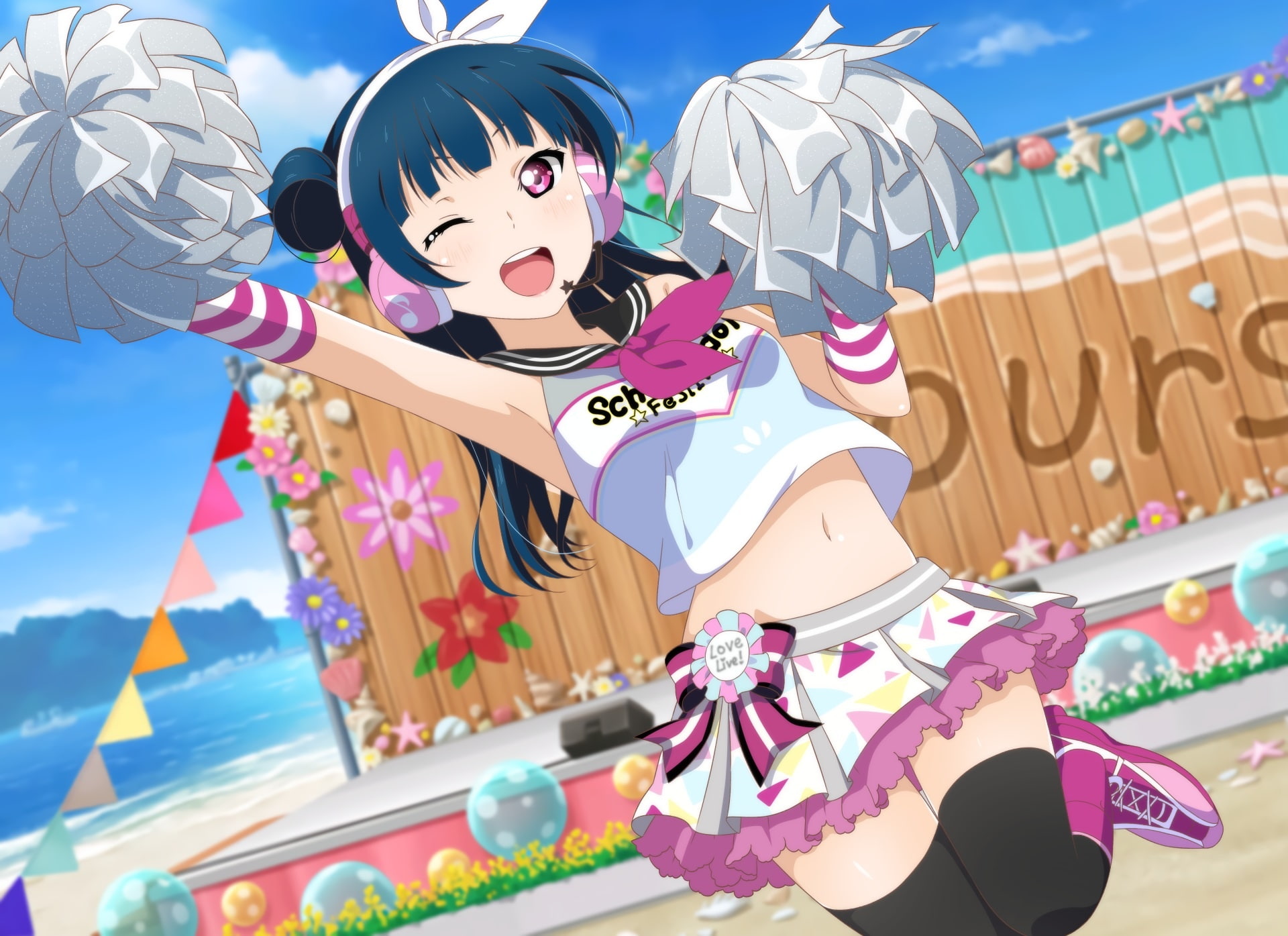 skirt, yoshiko, wink, kuusuke, com, cheerleader, tsushima, konachan, navel, 248137, thighhighs, blush, blue, long, 1080P, hair, suke39), bow, love, (yo, HD Wallpaper