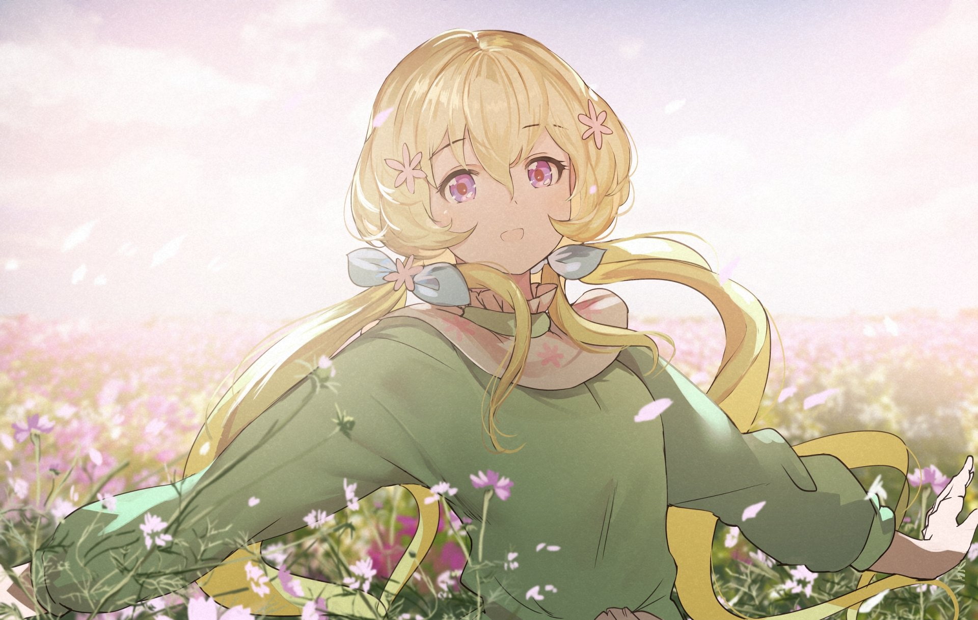 hairstyle, 1080P, child, blond hair, innocence, waist up, plant, sky, looking at camera, portrait, Aria Futaba, front view, outdoors, leisure activity, HD Wallpaper