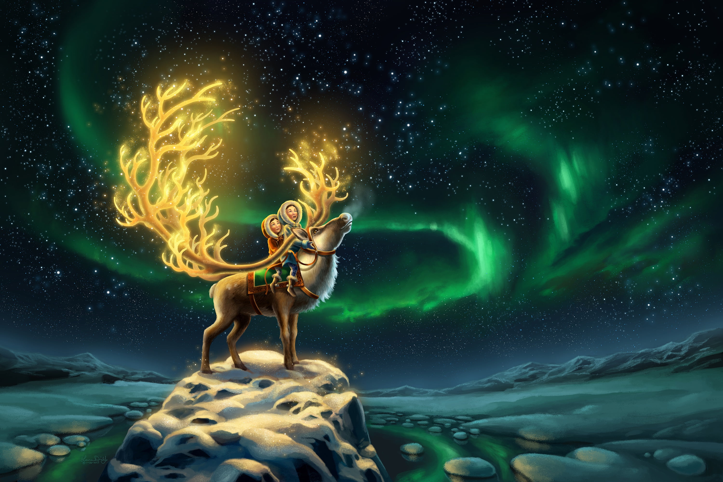 Night, Northern Lights, North, Aurora, Animal, Sisters, by Laura Diehl, 2K, Fairytales, Snow, Stars, Reindeer, The sky, Fantasy, Children, Deer, Laura Diehl, HD Wallpaper