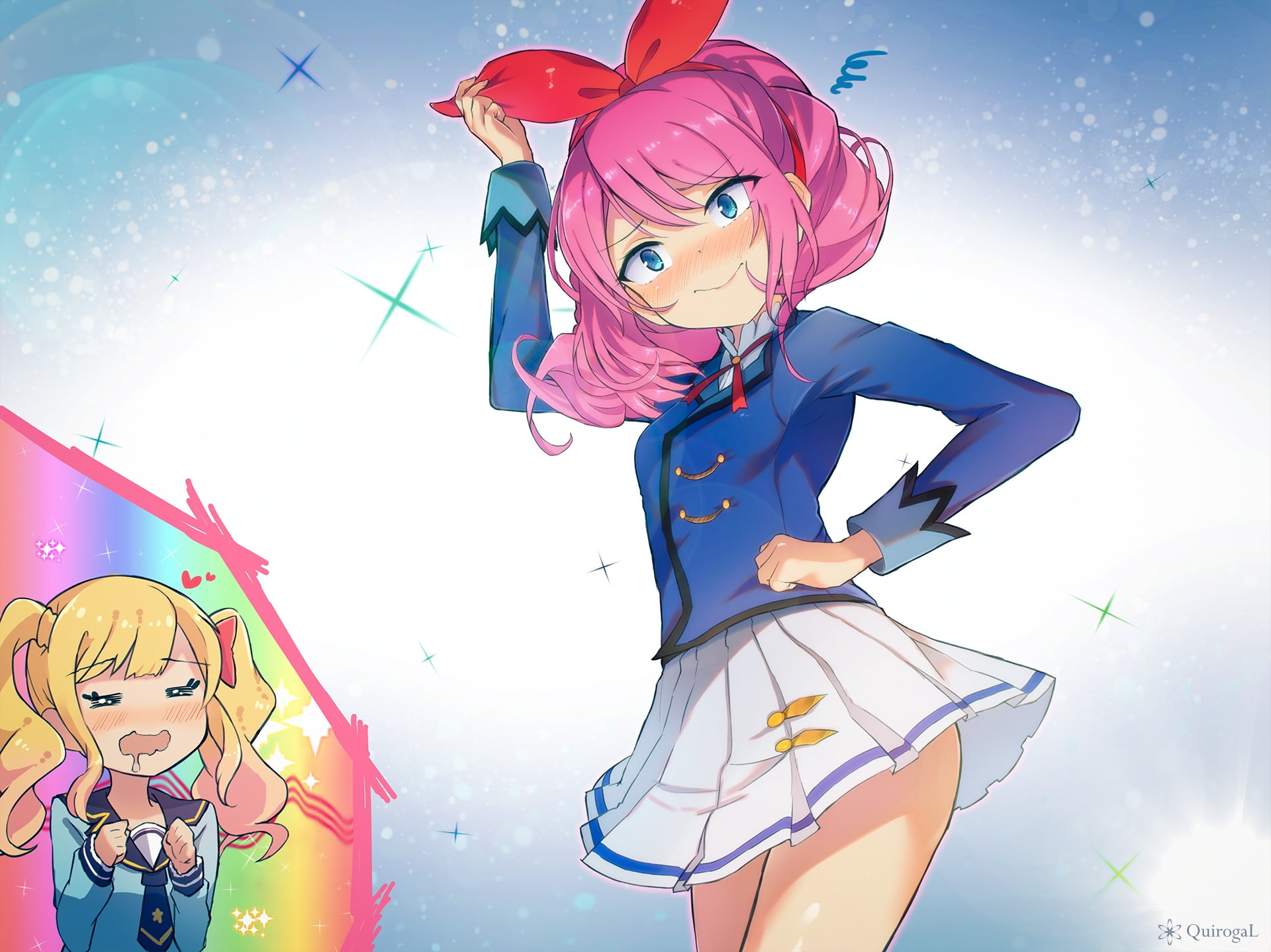 2girls, aikatsu!, 254566, konachan, twintails, seifuku, 1080P, tie, hair, blush, aqua, nasuno, blonde, chiyo, long, yume, pink, short, nijino, skirt, watermark, HD Wallpaper