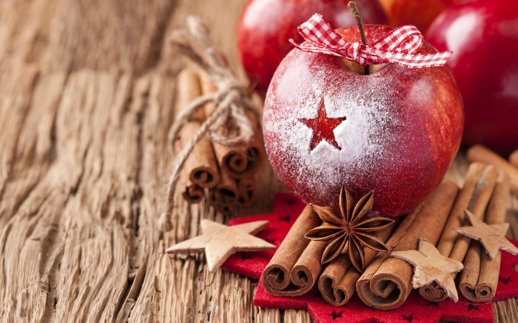 bow, red, 720P, ribbon, christmas, cinnamon, red bow, apples, sticks, anise, star, apple, winter, HD Wallpaper