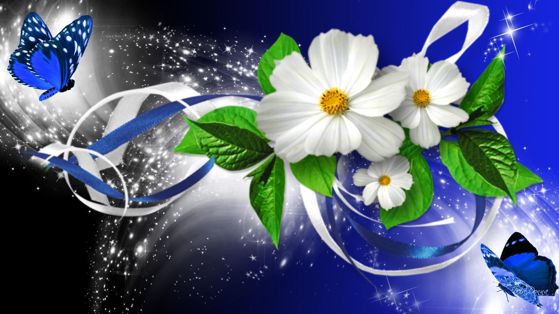 ribbons, bouquet, butterfly, flowers, exotic, papillion, blue, stars, beautiful, bows, butterflies, 1080P, rich, HD Wallpaper