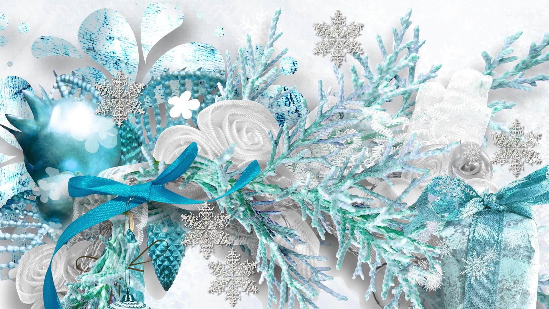 frost, winter, christmas, 3d, feliz navidad, ribbons, 1080P, cyan, bows, snowflakes, foliagae, flowers, season, bit, aqua, HD Wallpaper
