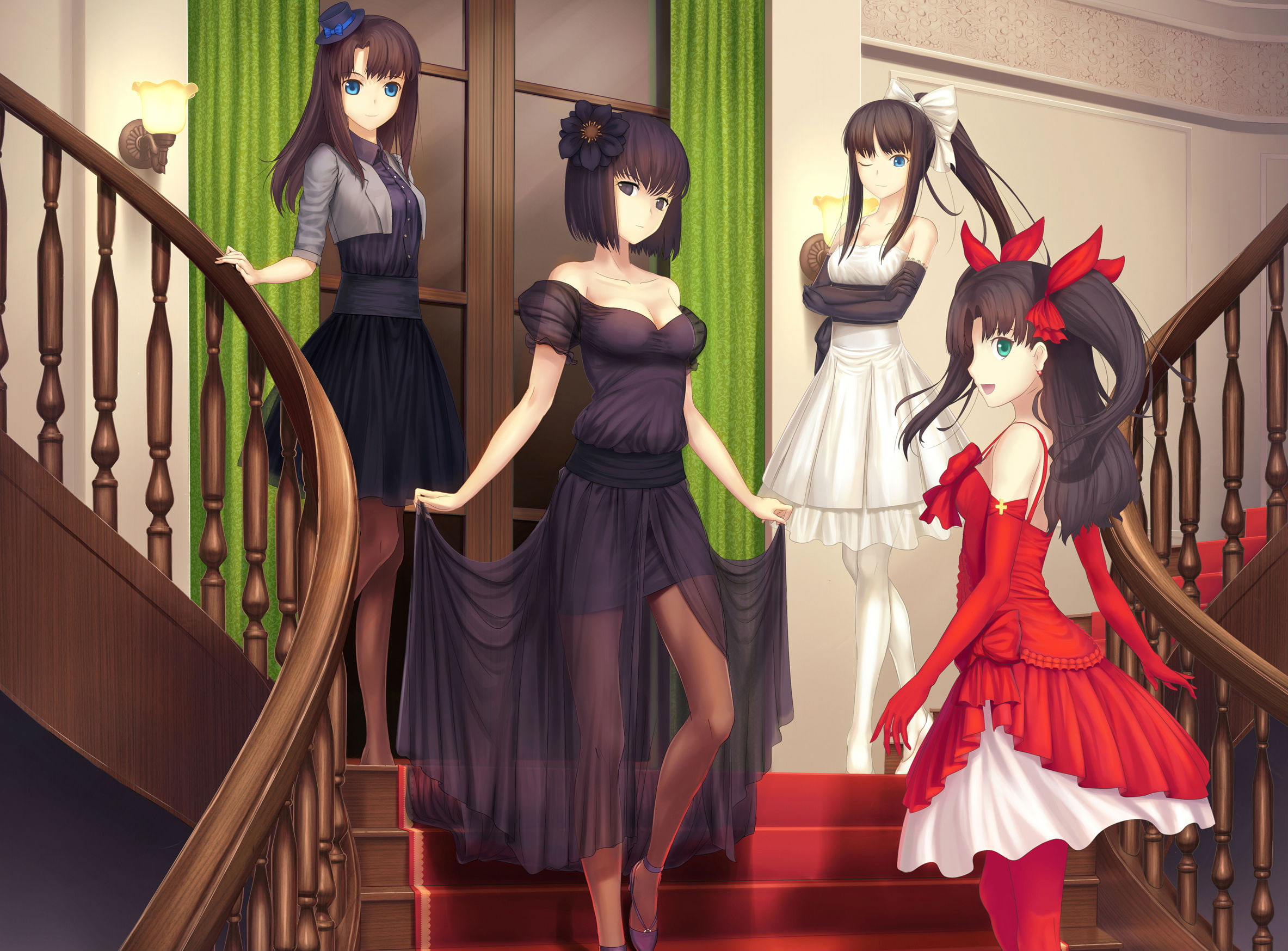 dress, rin, kuonji, akiha, green, hat, tsukikanade, twintails, ribbons, brown, long, tohsaka, eyes, gloves, alice, type moon, tohno, 1080P, aqua, hair, HD Wallpaper