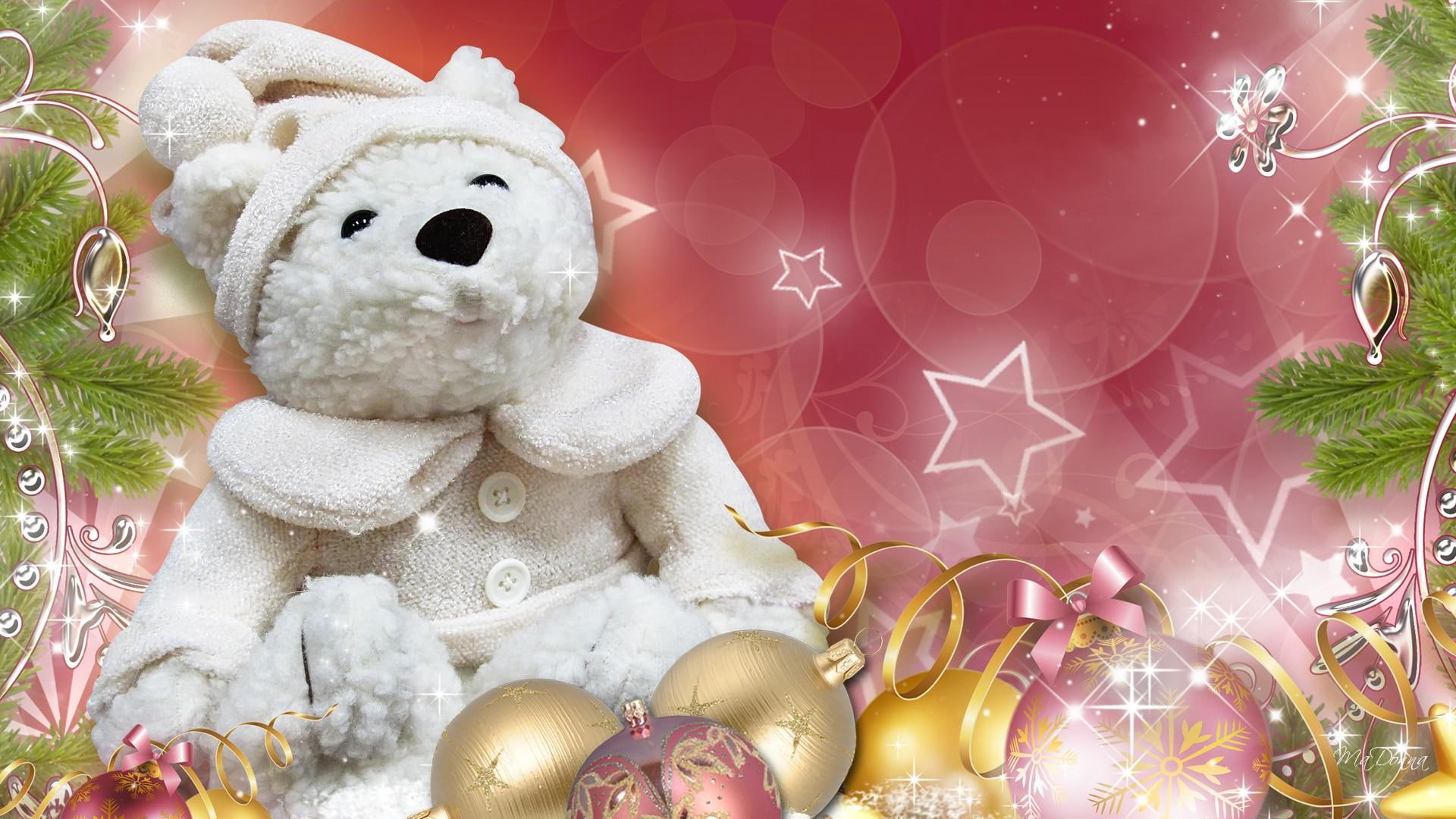 pink, feliz navidad, glitter, balls, christmas, sparkle, new, stars, decorations, teddy, bows, 1080P, year, white, ribbons, HD Wallpaper