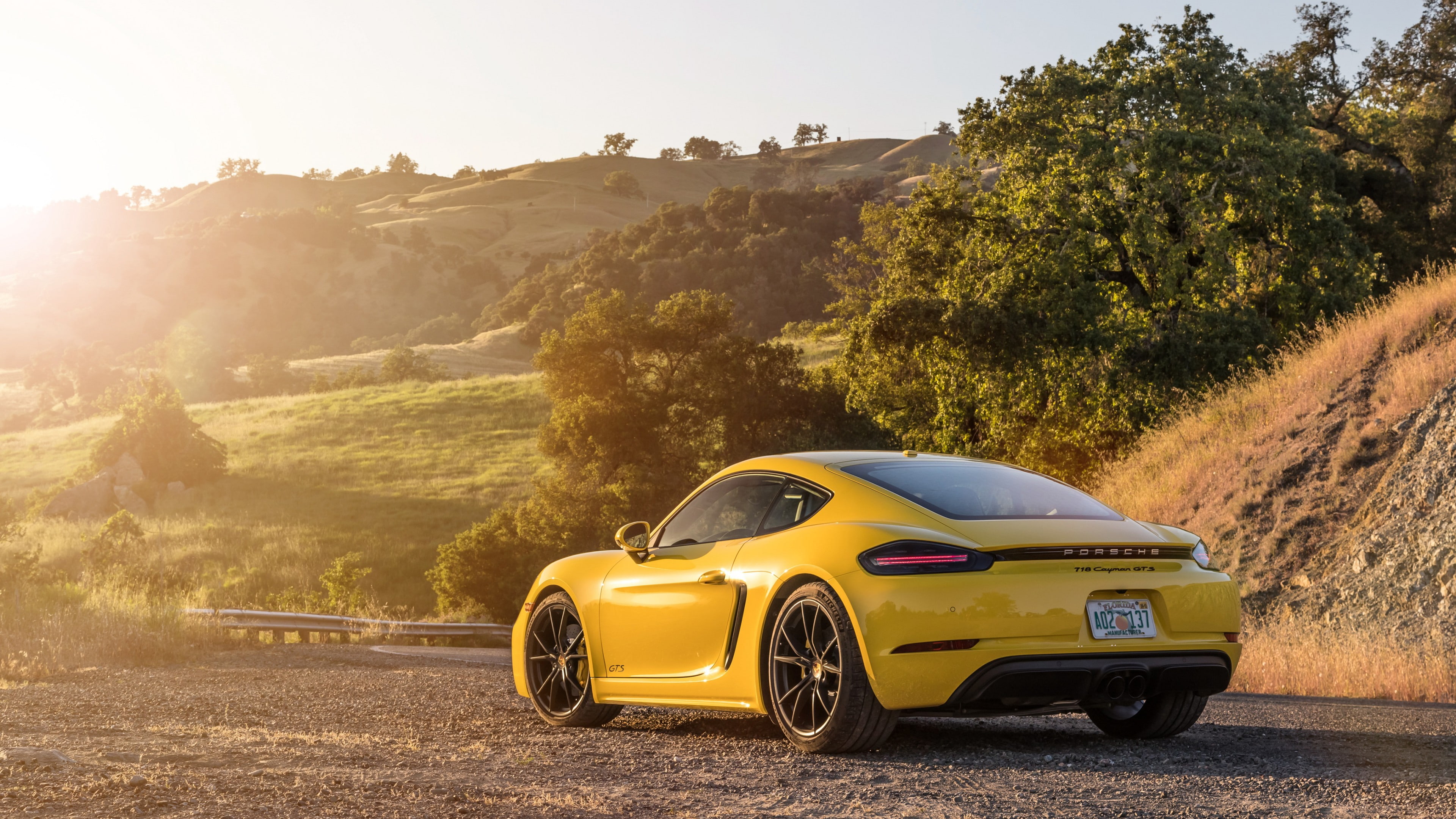 sports car, yellow car, car, 4K, sun, porsche, porsche 718 cayman, tree, porsche 718, HD Wallpaper