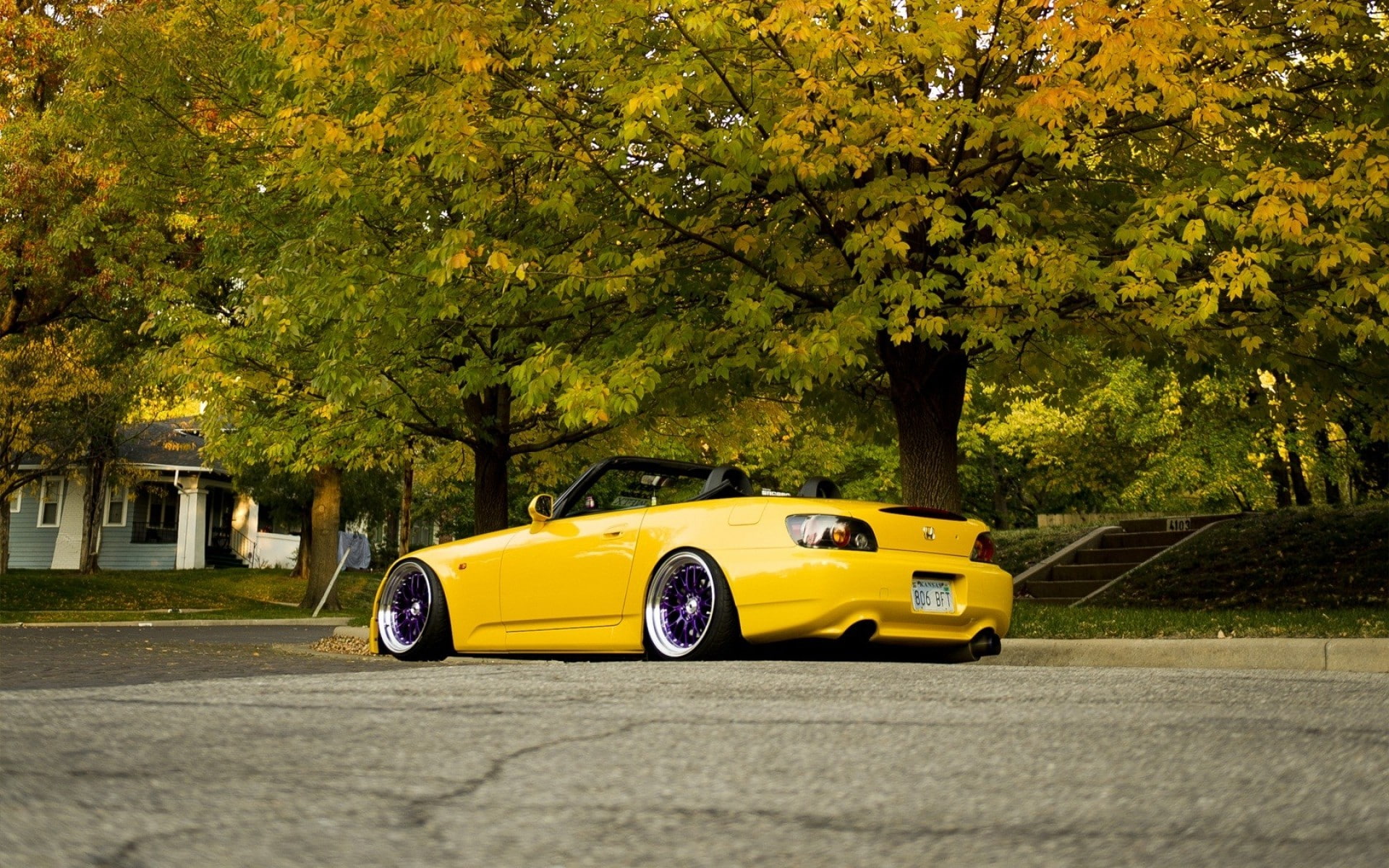 nature, growth, stationary, Honda, land vehicle, 1080P, car, motor vehicle, no people, yellow taxi, street, outdoors, day, s2000, transportation, tree, HD Wallpaper