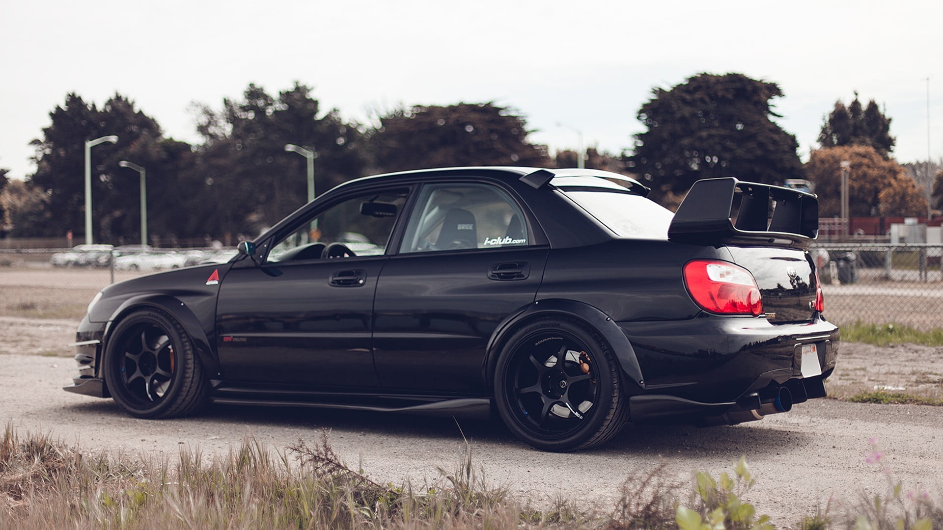 sedan, black, sports car, plant, transportation, wheel, street, Subaru WRX STI, nature, tree, land vehicle, road, outdoors, stationary, black color, no people, HD Wallpaper