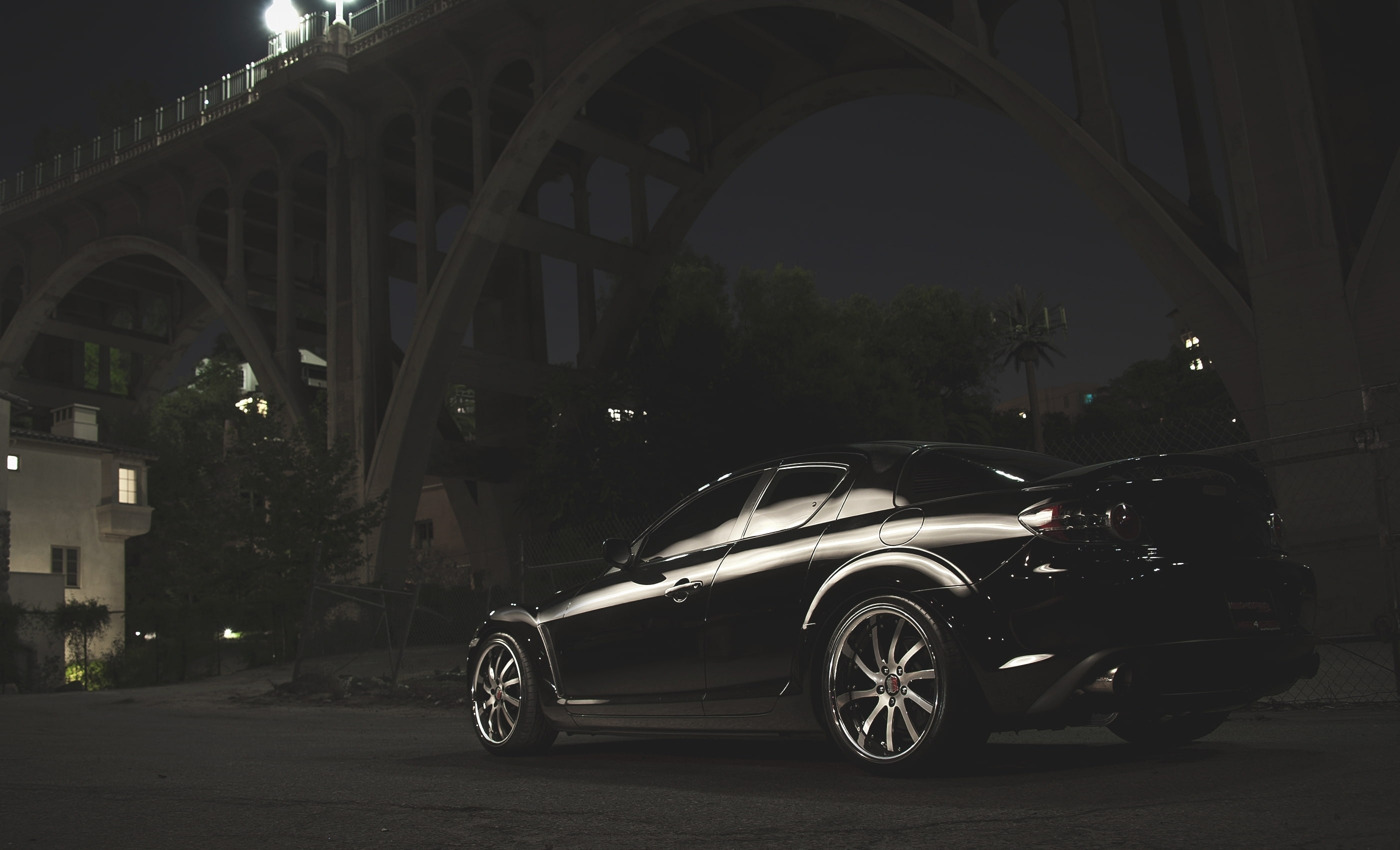 vintage car, RX8, travel, Mazda, motor vehicle, Bridge, city, 2K, illuminated, transportation, RX-8, outdoors, road, Night, car, no people, wheel, built structure, HD Wallpaper