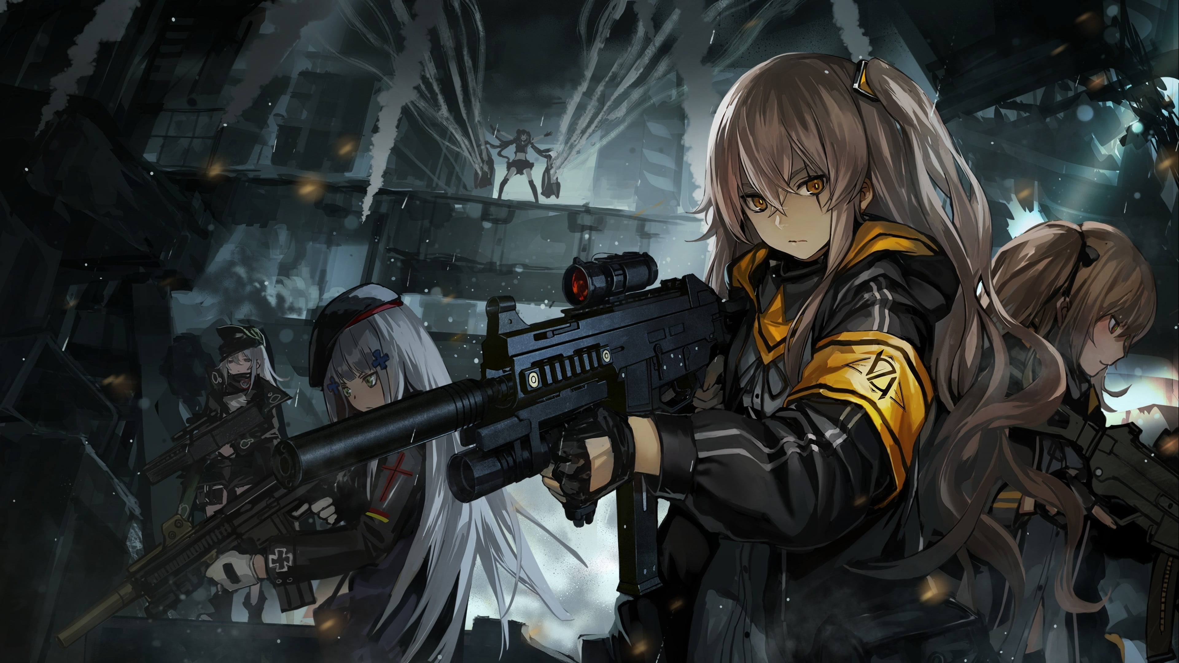 Girls Frontline, weapon, hat, UMP9 (Girls Frontline), ump45 (Girls Frontline), short hair, brunette, ponytail, Girl With Weapon, 4K, anime girls, Girls Frontline, HD Wallpaper