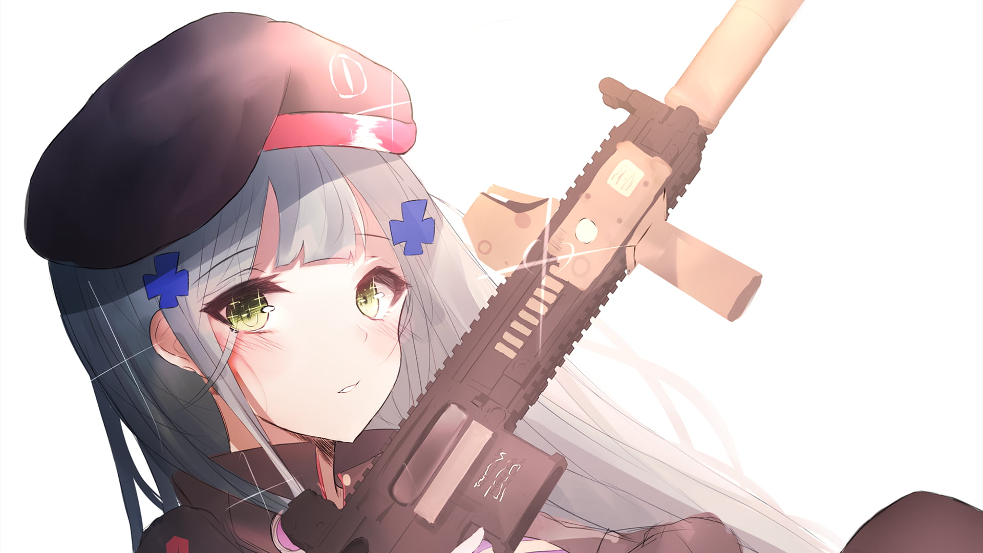 Girls Frontline, 1080P, Video Game, White Hair, Long Hair, Green Eyes, HK416 (Girls Frontline), Gun, HD Wallpaper