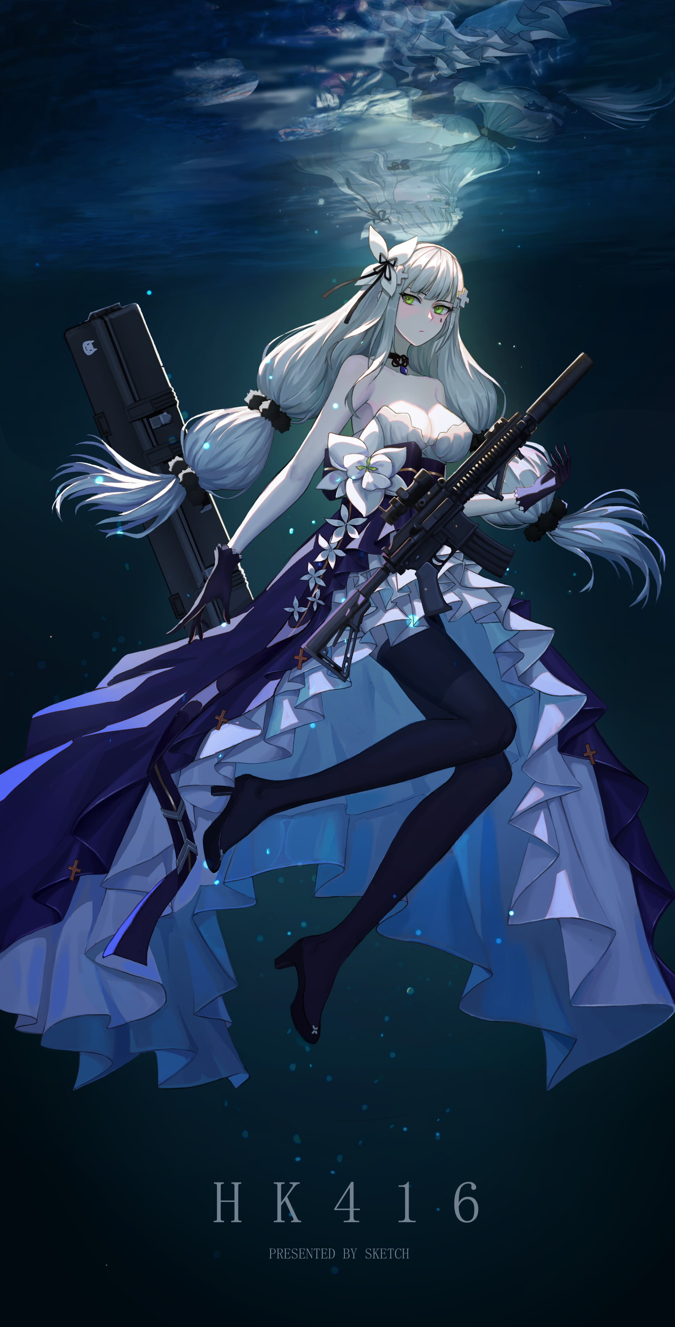 Girl With Weapon, HK416 (Girls Frontline), Girls Frontline, underwater, 4K, anime, sketch (artist), anime girls, Phone HD Wallpaper
