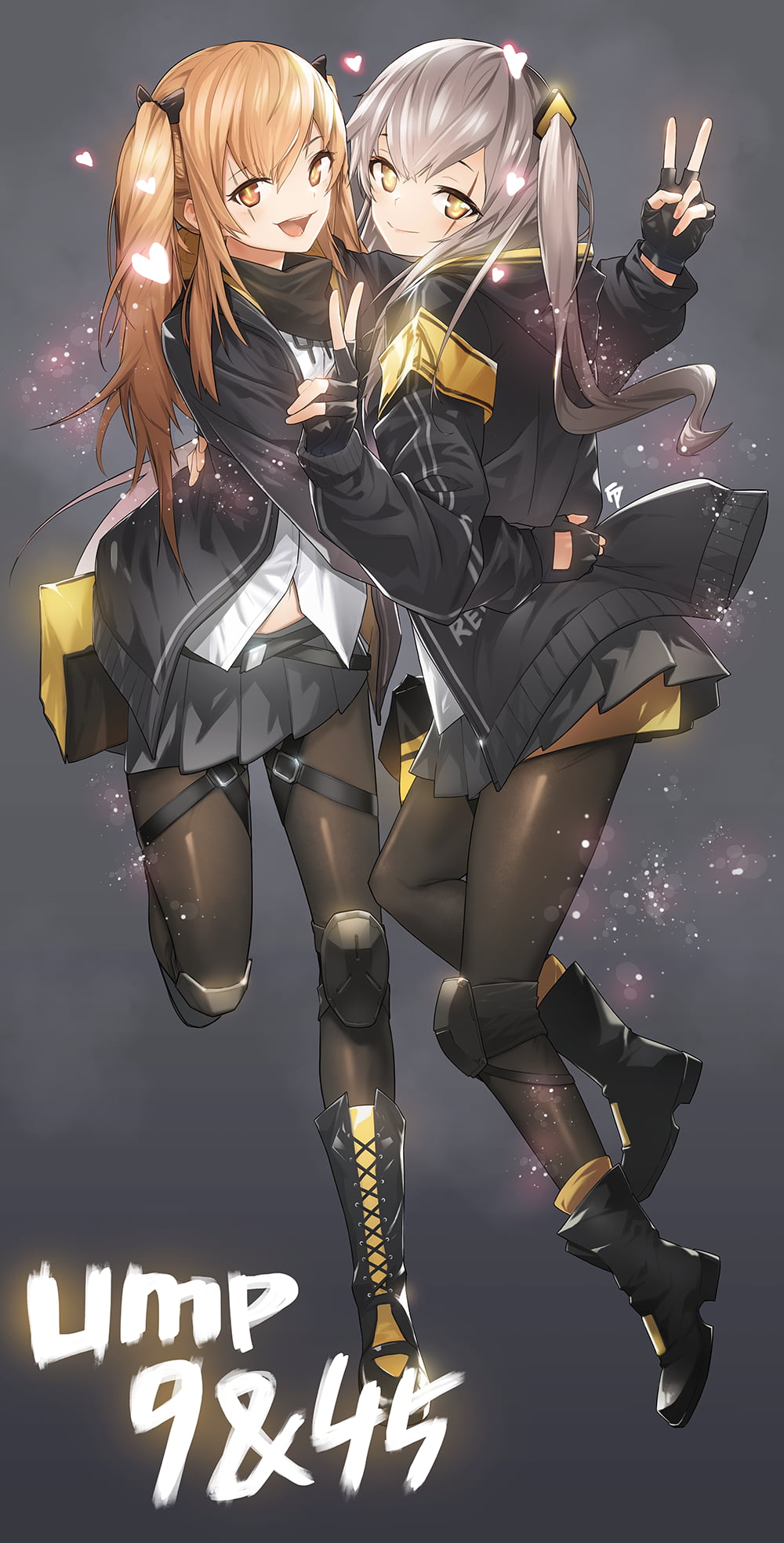 gray hair, portrait display, brunette, 1080P, UMP9 (Girls Frontline), ump45 (Girls Frontline), vertical, long hair, anime girls, skirt, boots, ponytail, Phone HD Wallpaper
