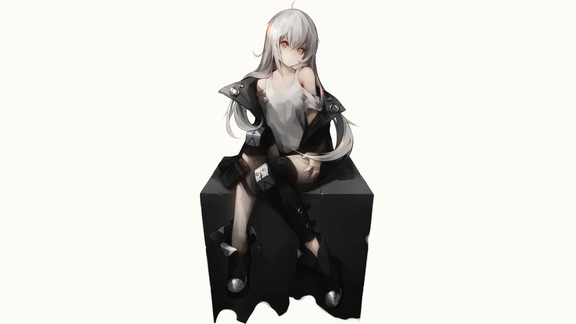 G11 (Girls Frontline), 1080P, anime girls, silver hair, simple background, manga, Girls Frontline, minimalism, long hair, sitting, anime, monochrome, HD Wallpaper