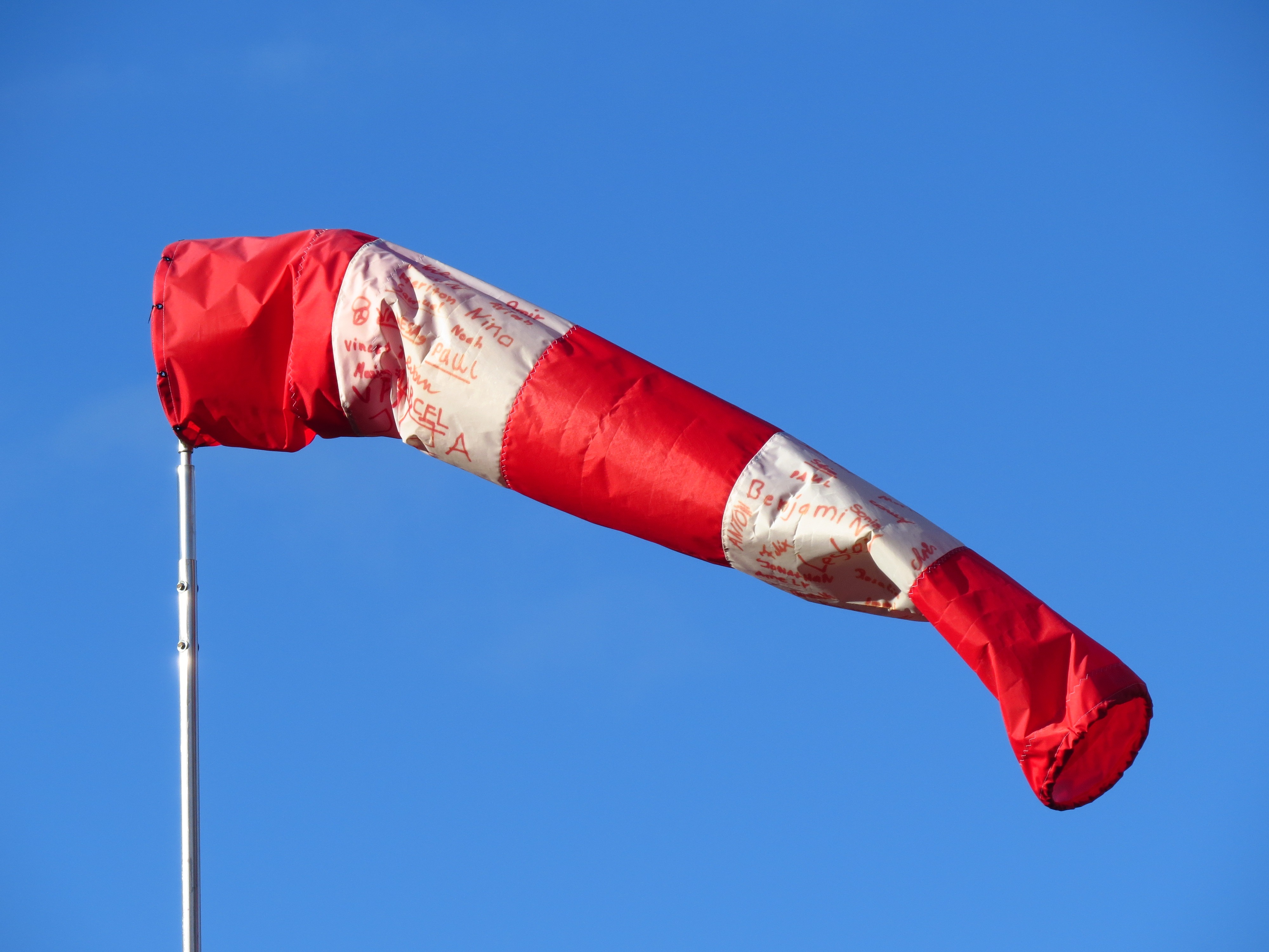 red, pole, anemometer, nature, windy, weather, patriotism, no people, wind sock, sunny, weathervane, emotion, air, wind speed, flag, streamlined, 4K, air bag, HD Wallpaper