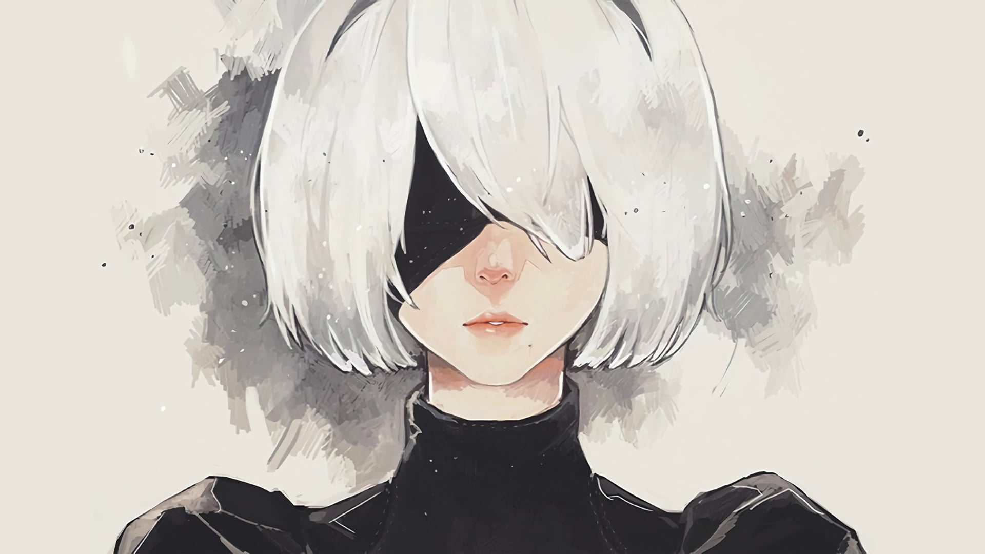NieR, Nier: Automata, silver hair, simple background, 1080P, white hair, 2B, short hair, HD Wallpaper