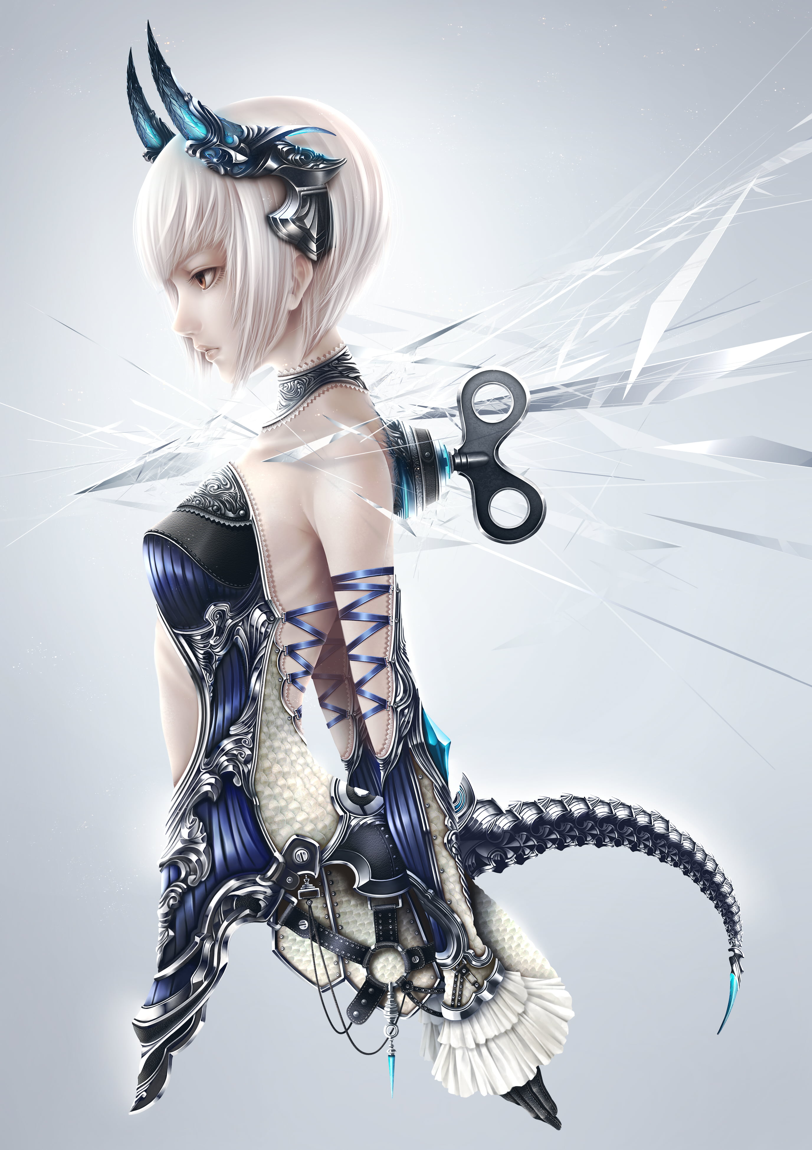 short hair, 4K, clothing, white hair, females, armor, fashion model, beautiful woman, fashion, human hair, hair, silver hair, studio shot, adult, elegance, Phone HD Wallpaper