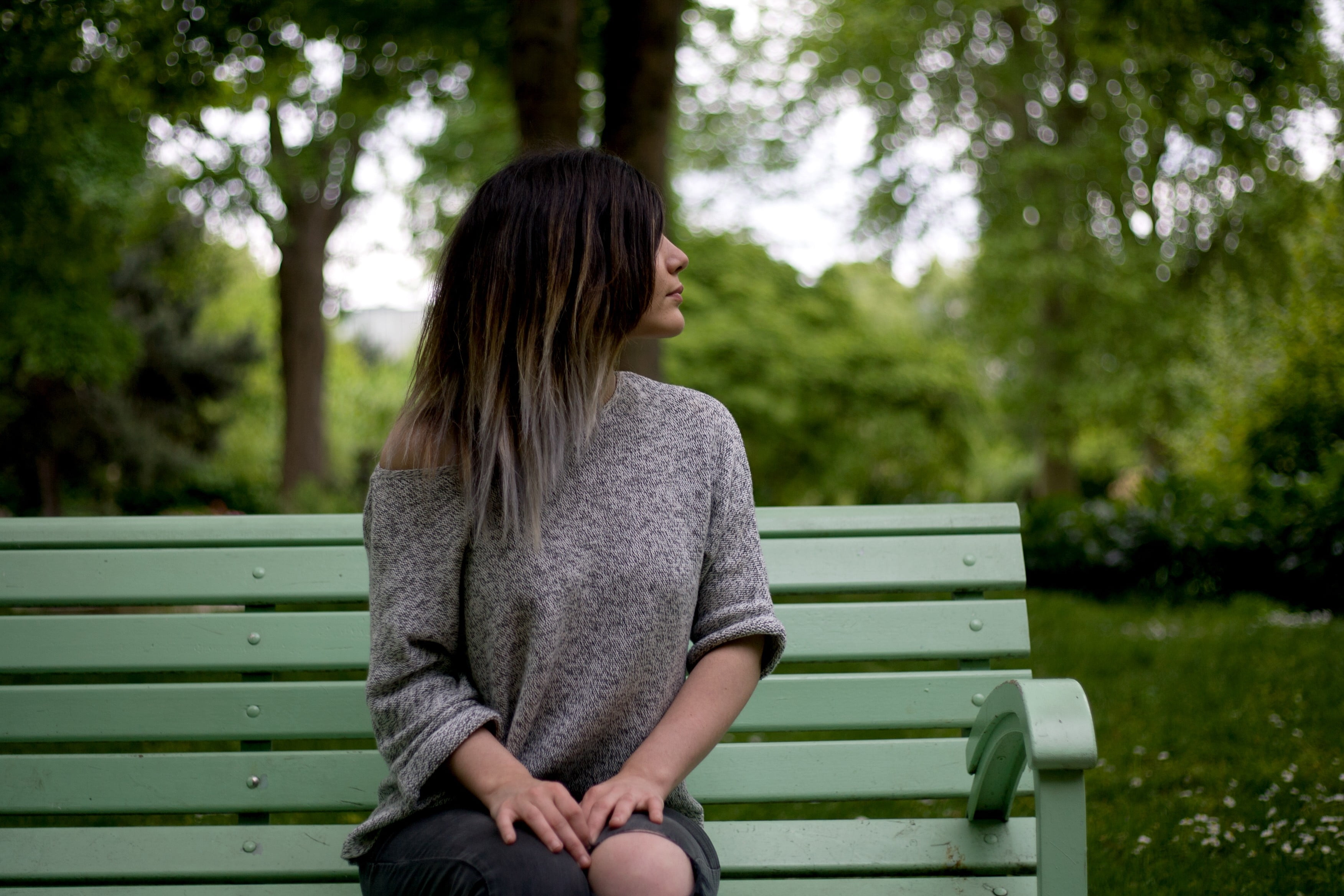 three quarter length, leisure activity, park bench, focus on foreground, hair, outdoors, silver hair, contemplation, plant, day, geek, dyed hair, long hair, HD Wallpaper