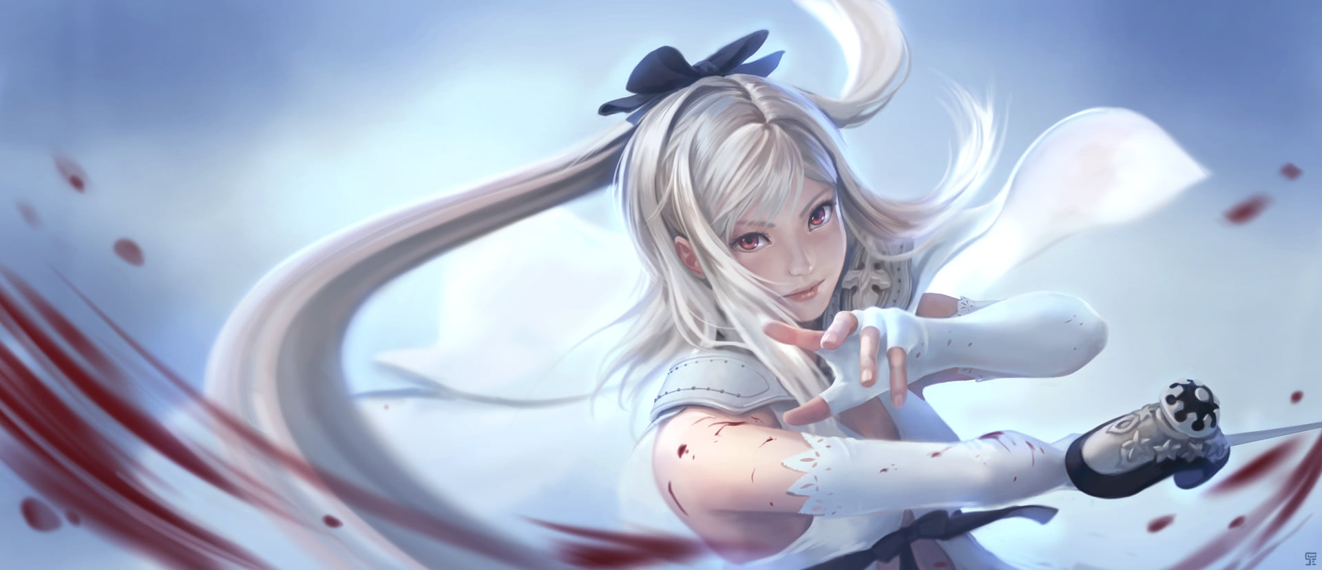 1080P, ribbons, video games, red eyes, Drakengard 3, long hair, white dress, gloves, Zero, blood, white hair, weapon, HD Wallpaper
