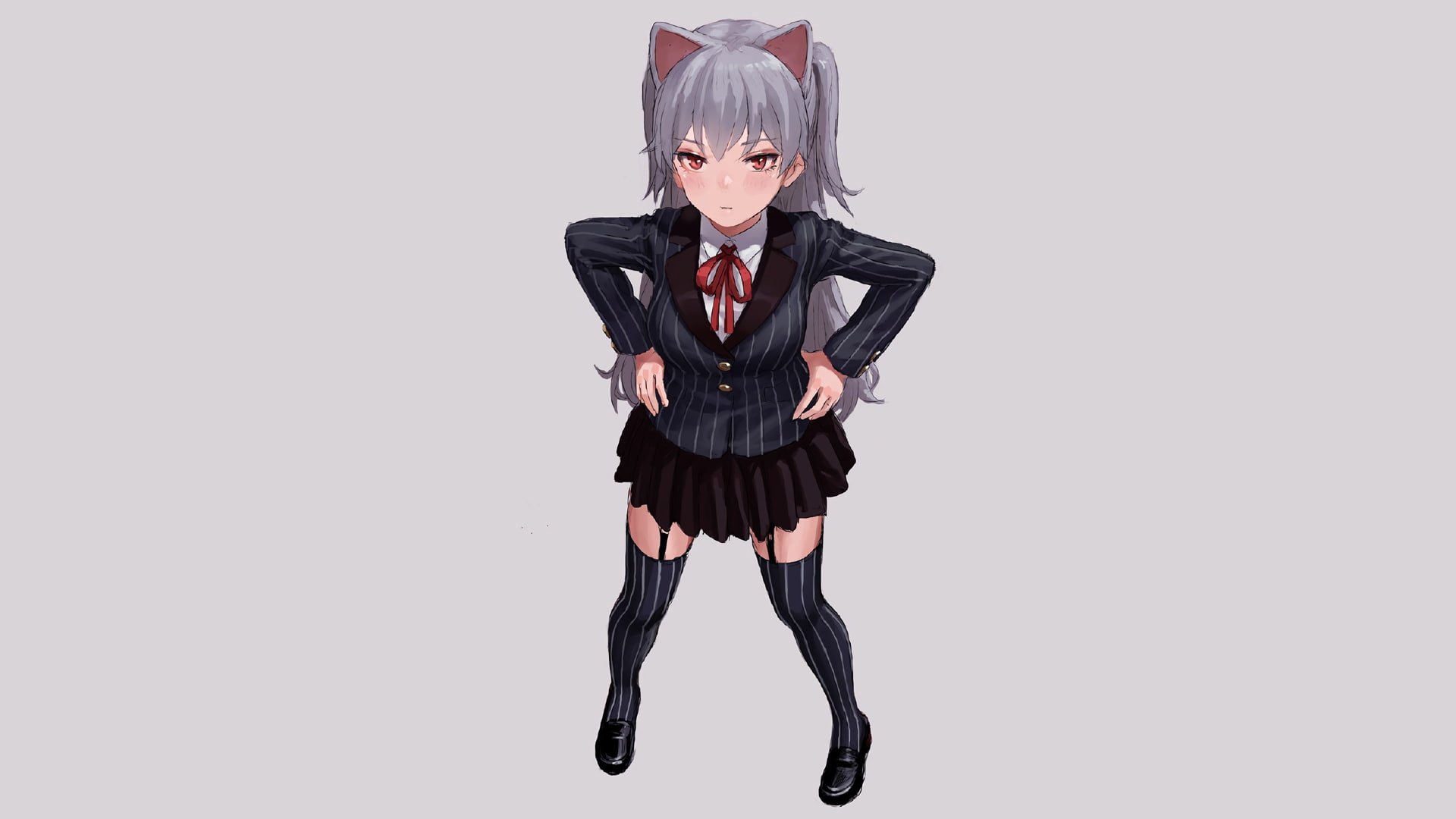 minimalism, simple background, silver hair, anime, stockings, gray hair, schoolgirl, nekomimi, manga, cat ears, 1080P, anime girls, HD Wallpaper
