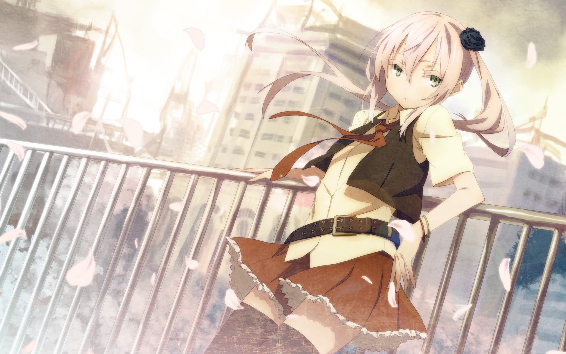 women, sunlight, thigh-highs, silver hair, architecture, outdoors, anime girls, green eyes, leisure activity, day, full length, railing, lifestyles, anime, HD Wallpaper