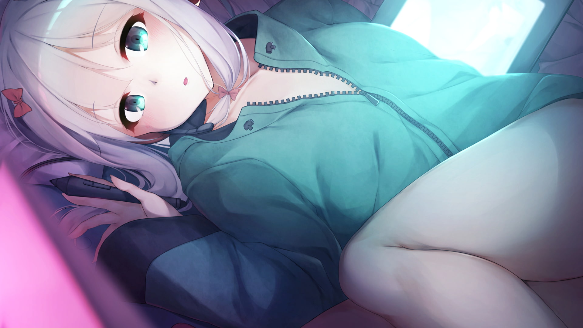 bed, relaxation, representation, open mouth, blue eyes, child, lifestyles, Eromanga-sensei, women, females, pink color, 1080P, purple, human body part, HD Wallpaper