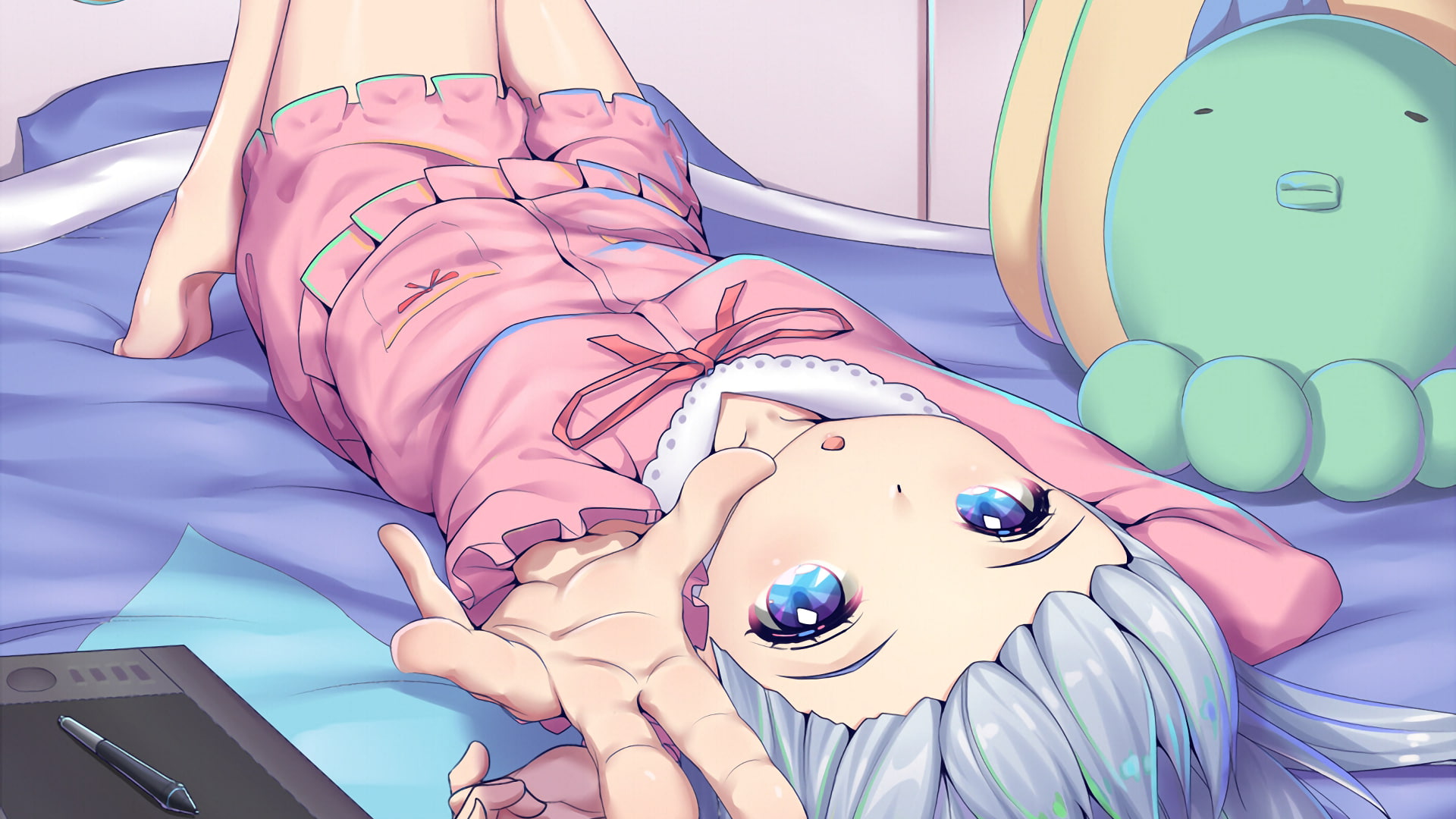 graphics tablets, Eromanga-sensei, in bed, silver hair, Izumi Sagiri, 1080P, short hair, open mouth, lying on back, HD Wallpaper