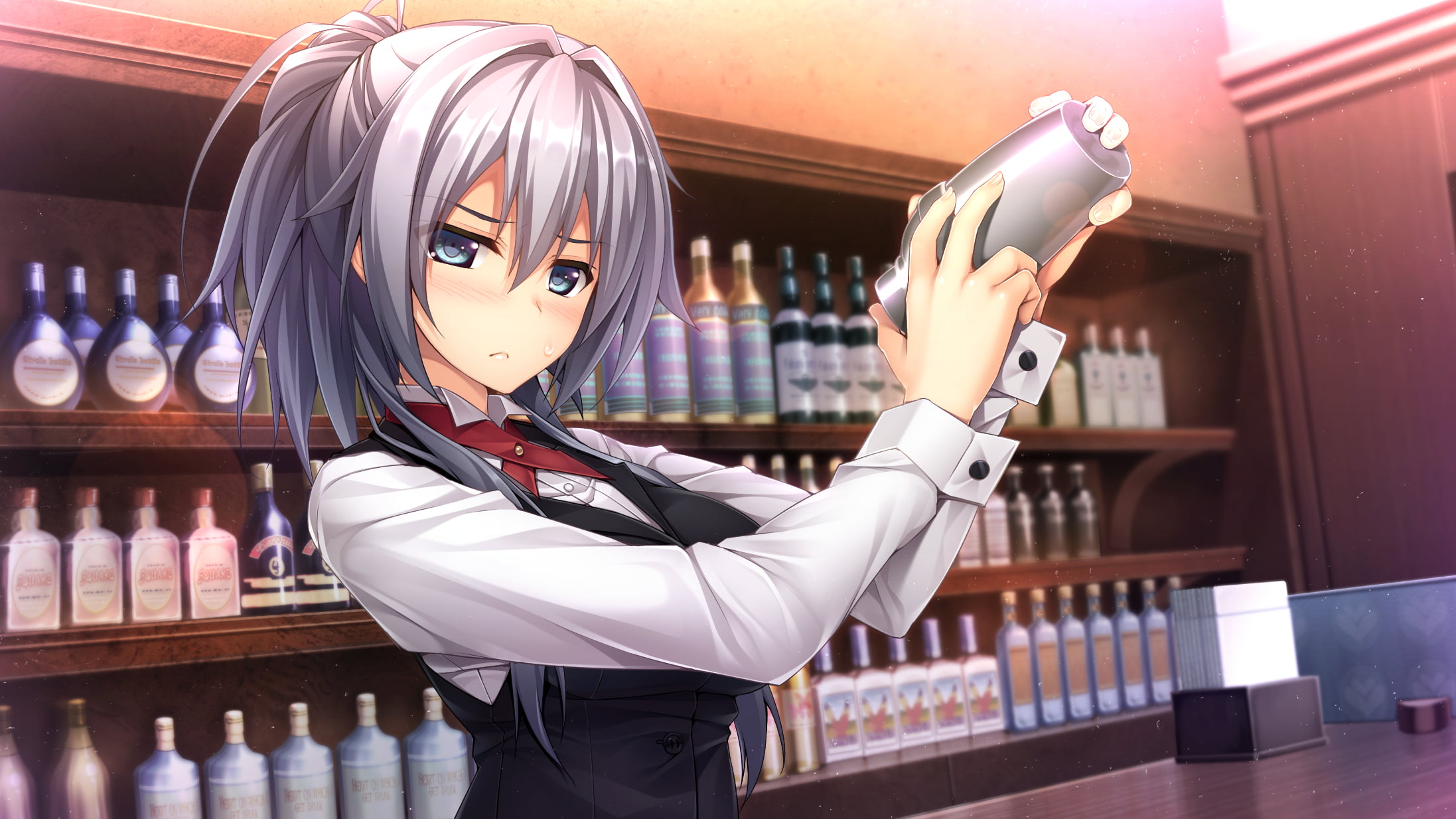 looking at viewer, blue eyes, Hataraku Otona no Renai Jijou, anime girls, 1080P, bar, vest, silver hair, anime, Toba Yurika, HD Wallpaper