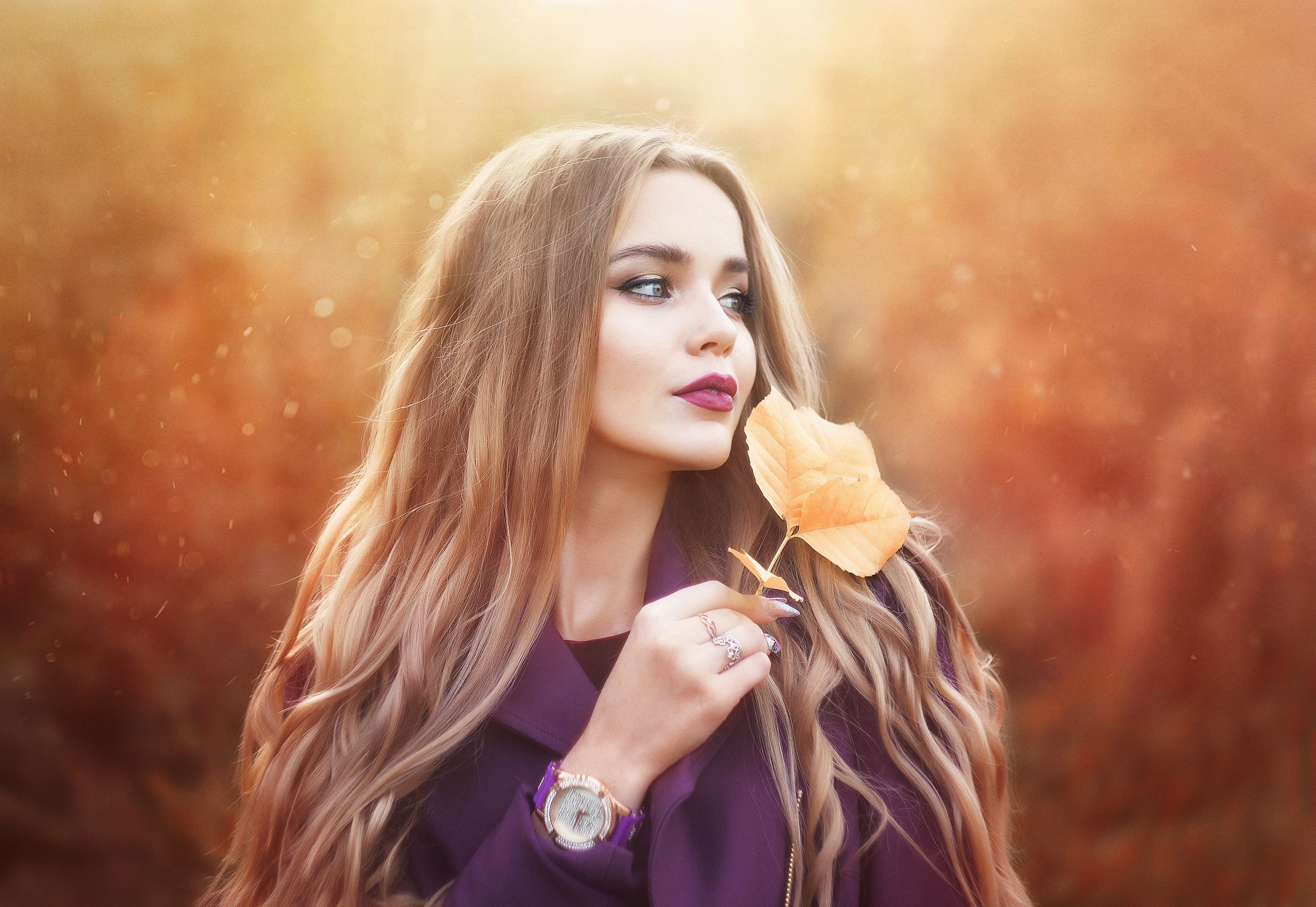 young adult, long hair, 2K, glamour, blonde, hair, young women, purple clothing, women outdoors, beautiful people, eating, adult, hairstyle, fall, leaves, HD Wallpaper