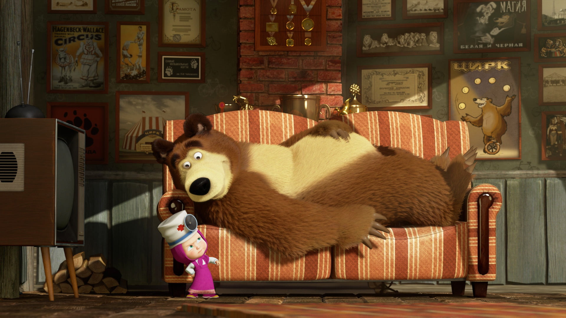 TV, Dr., cartoon, 1080P, Masha and the Bear, sofa, HD Wallpaper