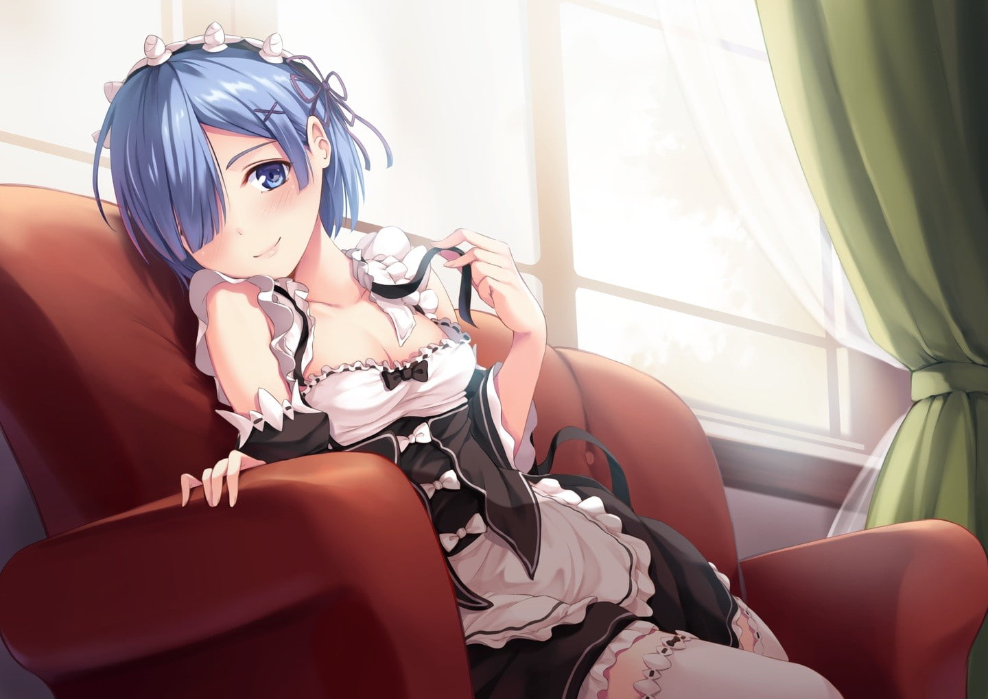cleavage, collars, dress, blue eyes, anime girls, maid, Rem (Re: Zero), stockings, short hair, anime, Re:Zero Kara Hajimeru Isekai Seikatsu, blue hair, HD Wallpaper