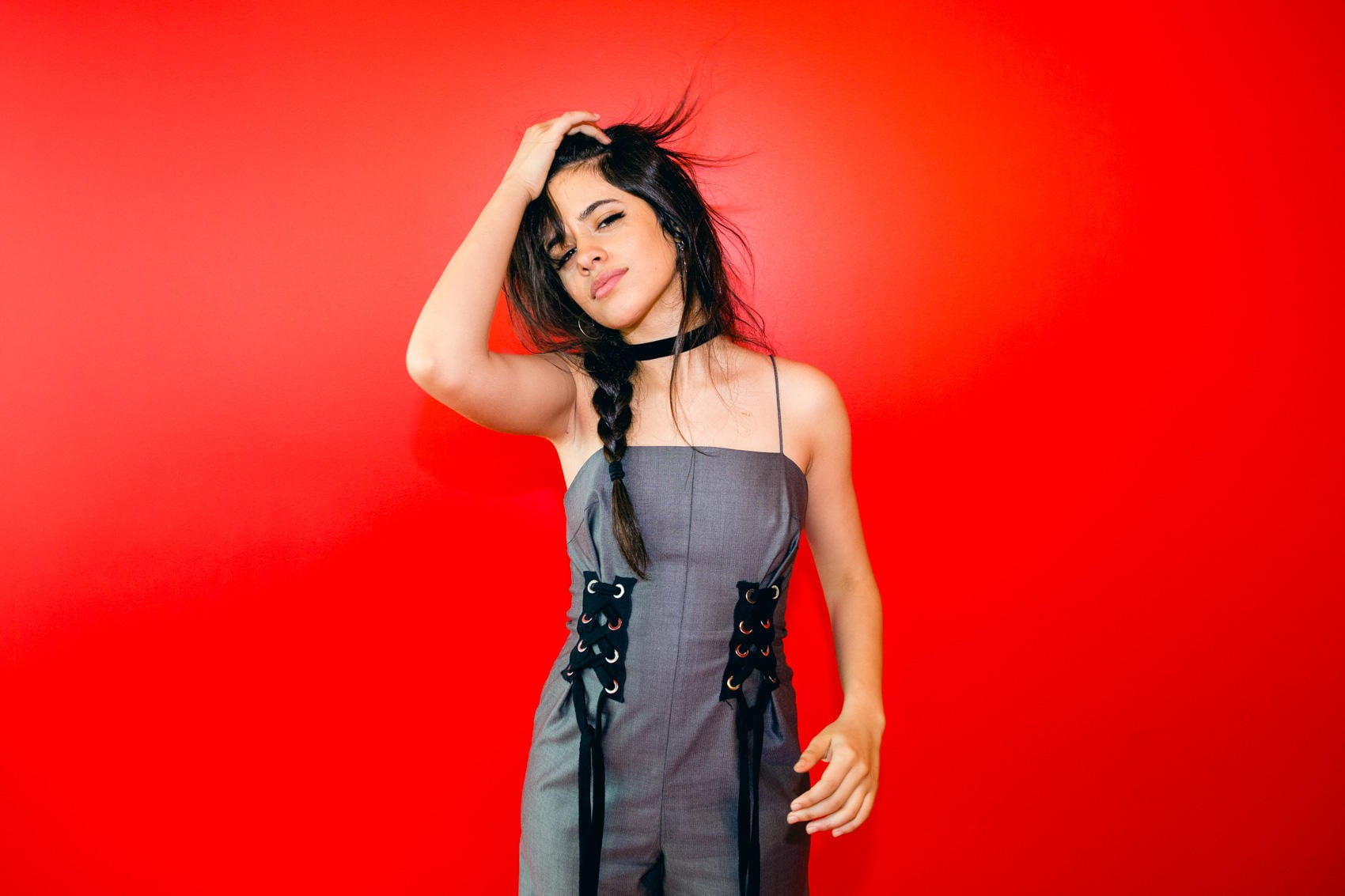 long hair, brunette, singer, women, portrait, Camila Cabello, 720P, red background, simple background, dark hair, HD Wallpaper