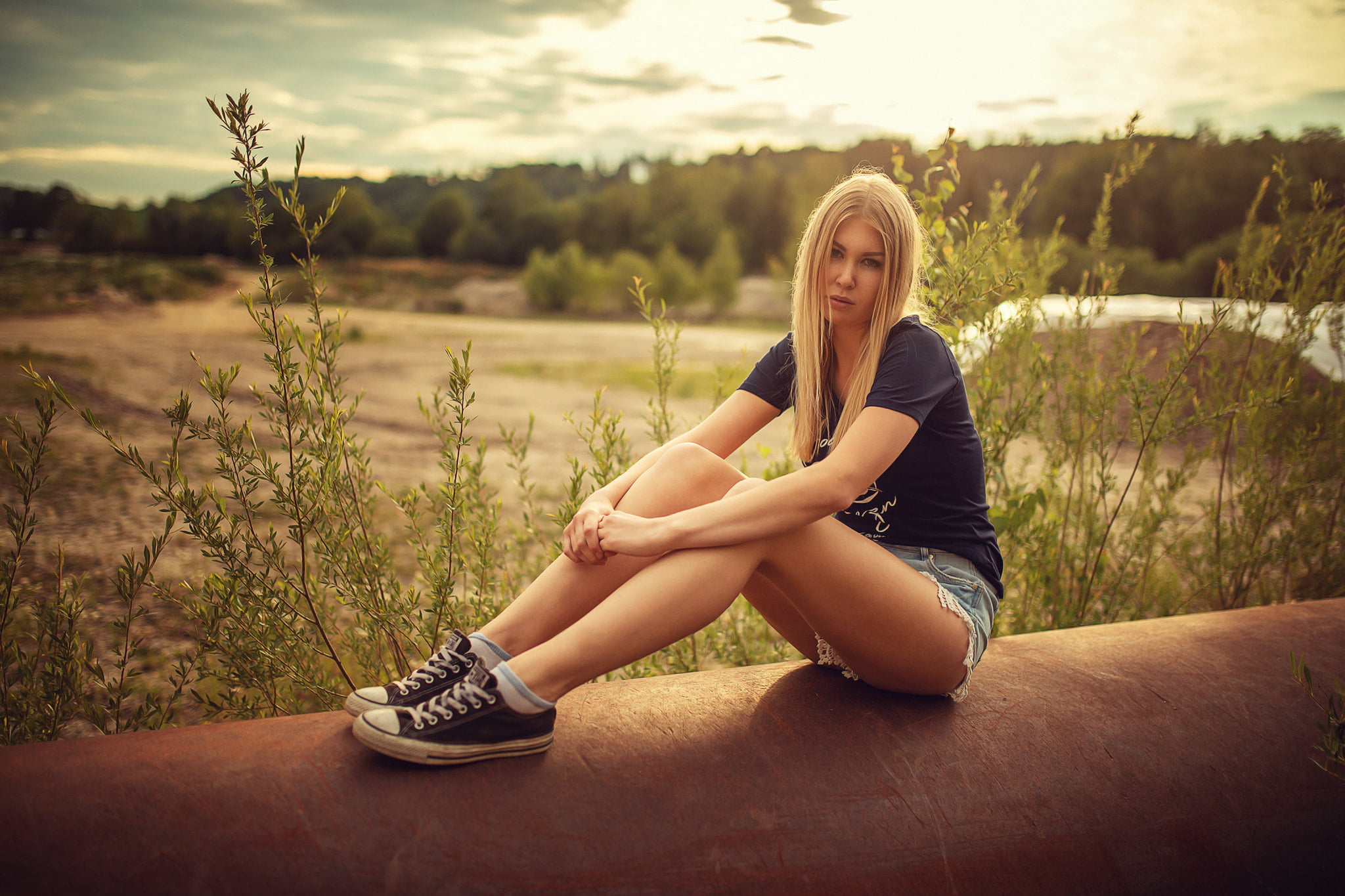 hair, socks, young women, smiling, blonde, beautiful woman, hairstyle, young adult, women outdoors, sitting, 1080P, adult, real people, women, portrait, HD Wallpaper
