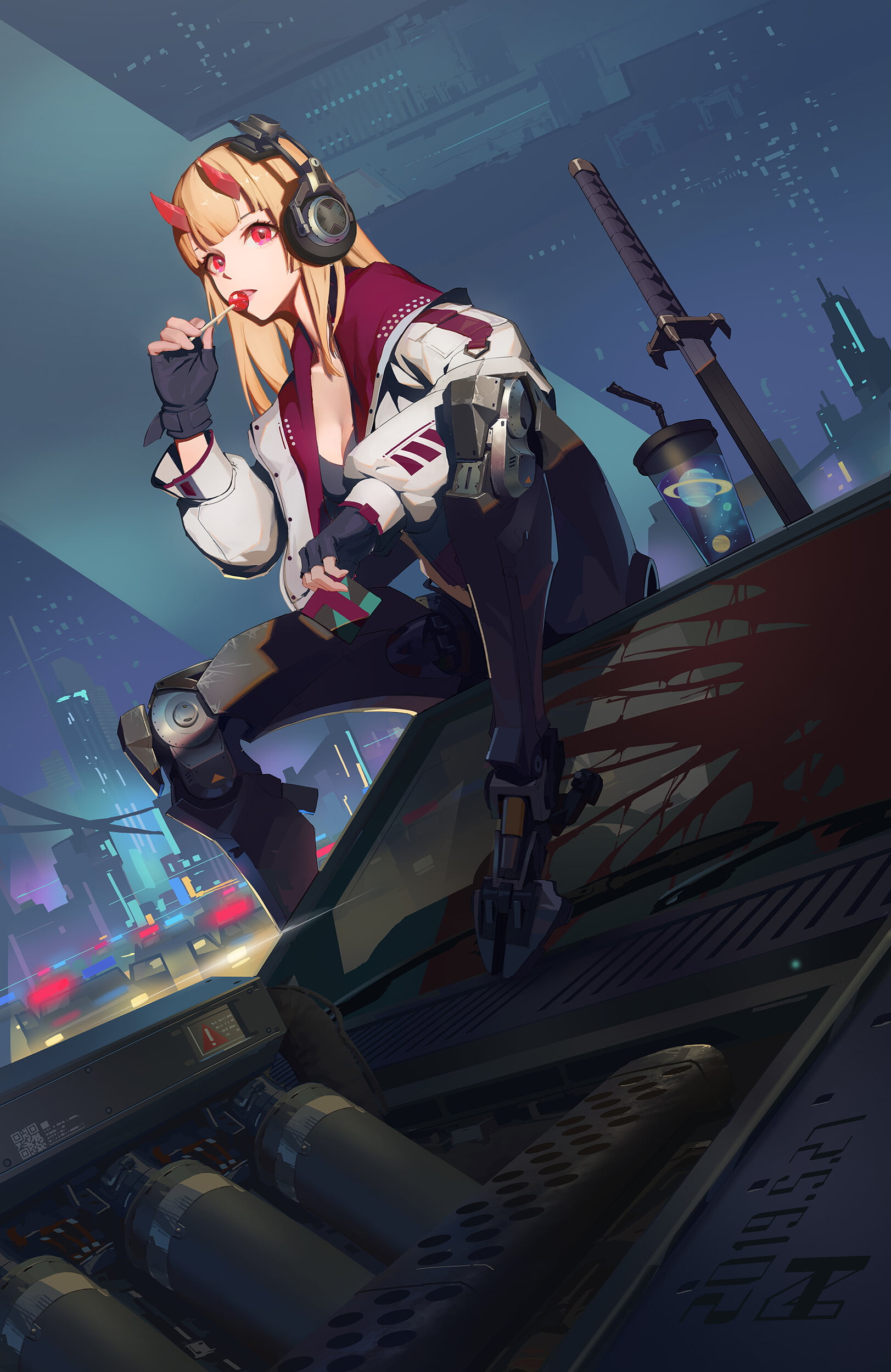 headphones, 1080P, vertical, gloves, car, candy, lollipop, cyberpunk, city, digital art, drawing, anime girls, blood, portrait display, artwork, katana, Phone HD Wallpaper