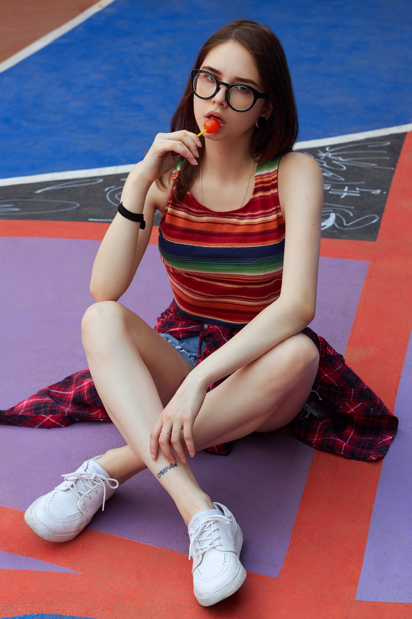 1080P, model, lollipop, beautiful woman, portrait, glasses, crop top, women, legs crossed, eyeglasses, sneakers, hair, beautiful people, adult, sitting, Phone HD Wallpaper