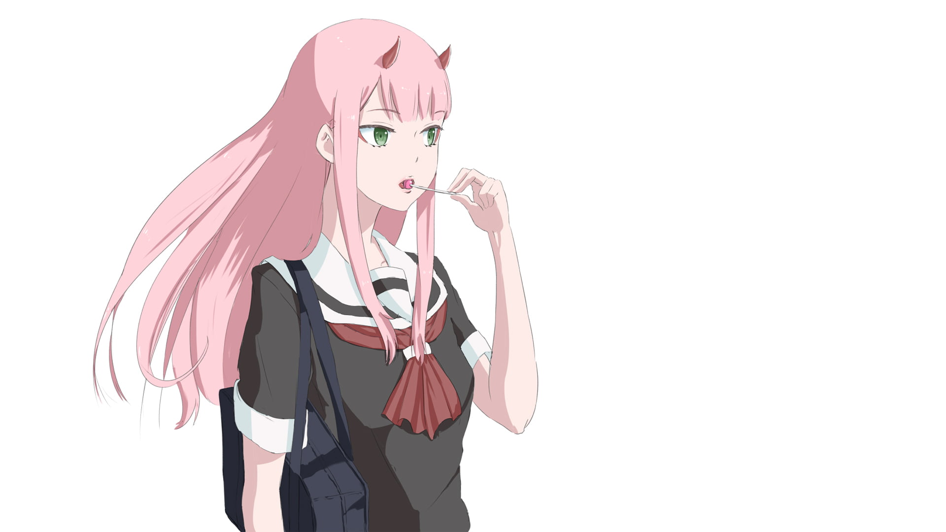 1080P, pink hair, green eyes, Darling in the FranXX, anime girls, Zero Two (Darling in the FranXX), lollipop, HD Wallpaper