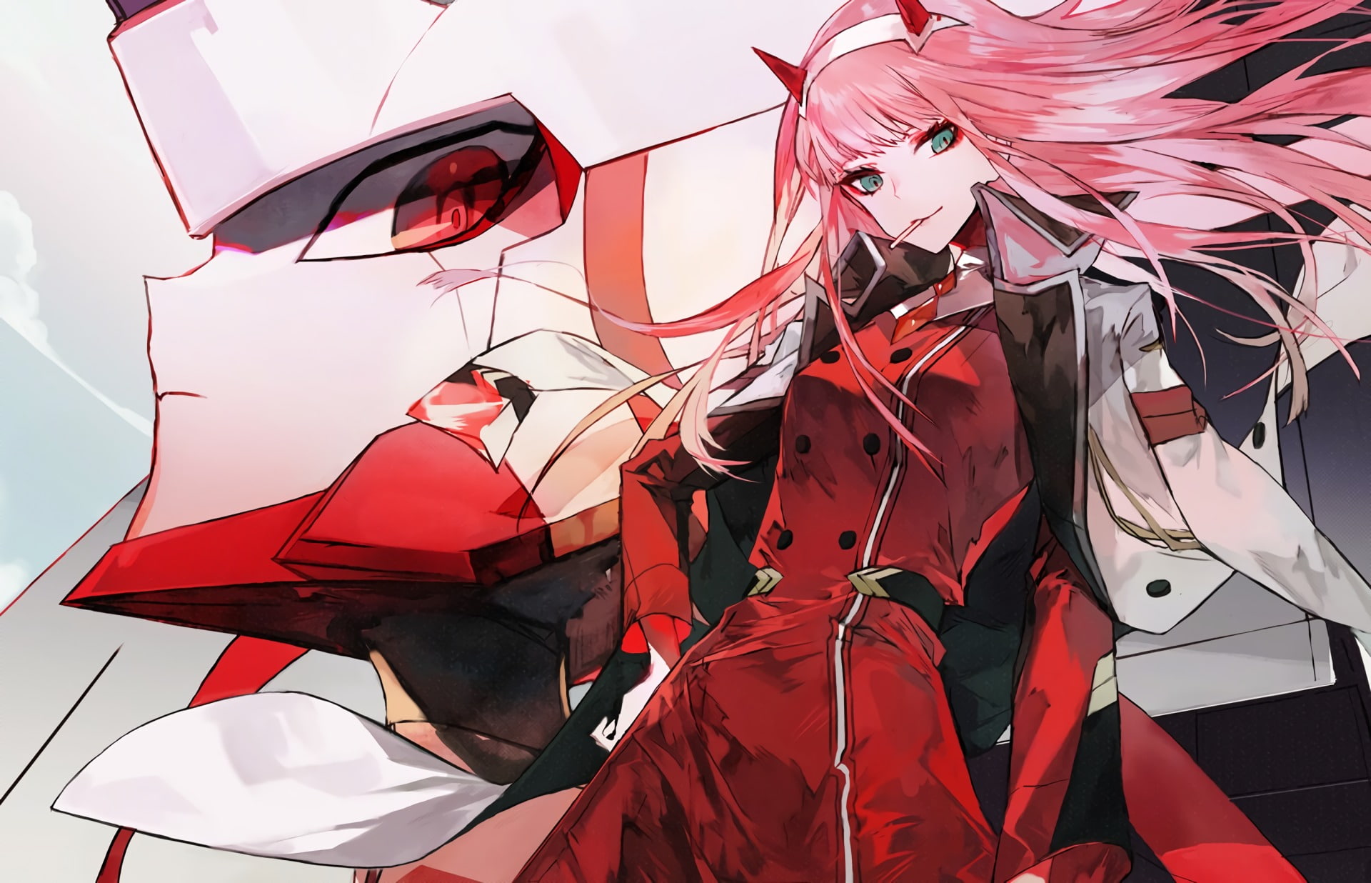 black Color, elegance, character, haired, illustration, Green Eyes, futuristic, vector, Horns, red, Long Hair, Lollipop, Pink Hair, modern, Darling in the FranXX, HD Wallpaper