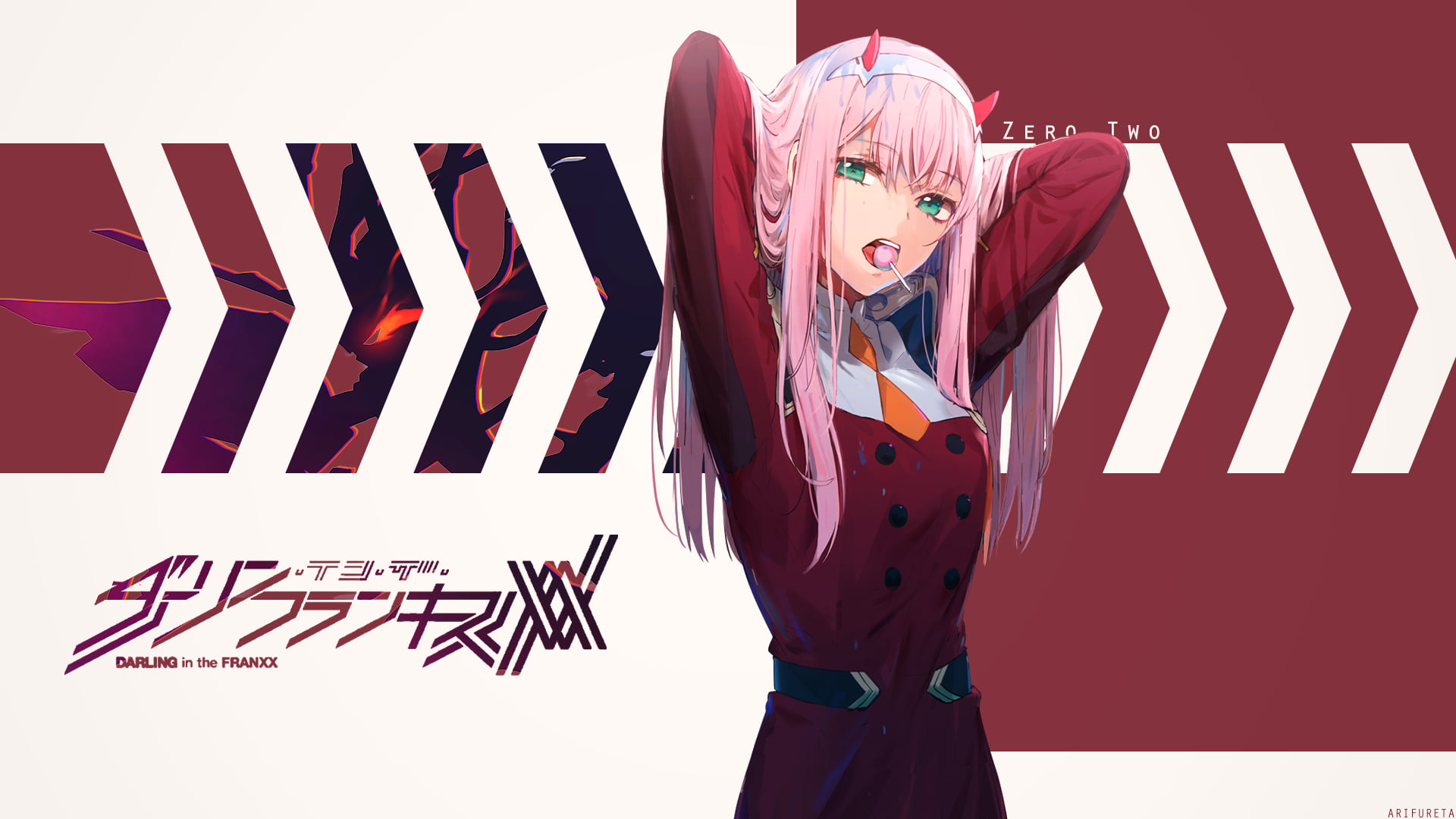 pink hair, anime, Darling in the FranXX, long hair, lollipop, 1080P, arms up, Zero Two (Darling in the FranXX), anime girls, HD Wallpaper