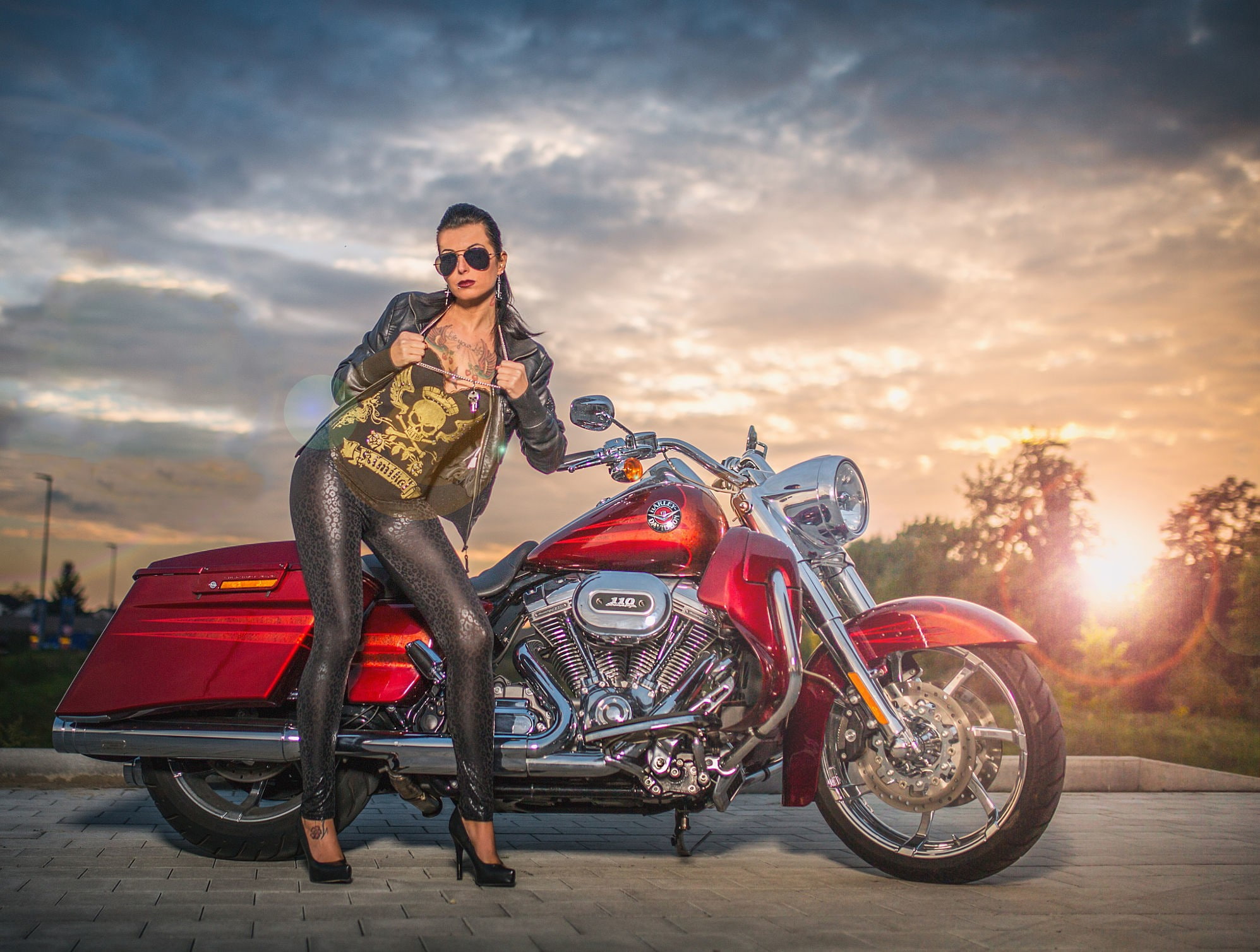 model, full length, transportation, portrait, cloud - sky, young women, riding, outdoors, 1080P, women with motorcycles, mode of transportation, beauty, HD Wallpaper