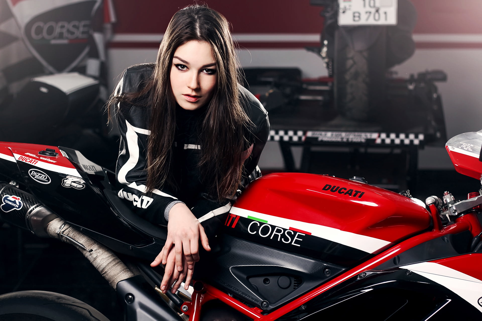 beautiful woman, transportation, hairstyle, looking at camera, Ligth, lifestyles, Face, Motocycle, 1080P, front view, Red, one person, portrait, Ducati, HD Wallpaper