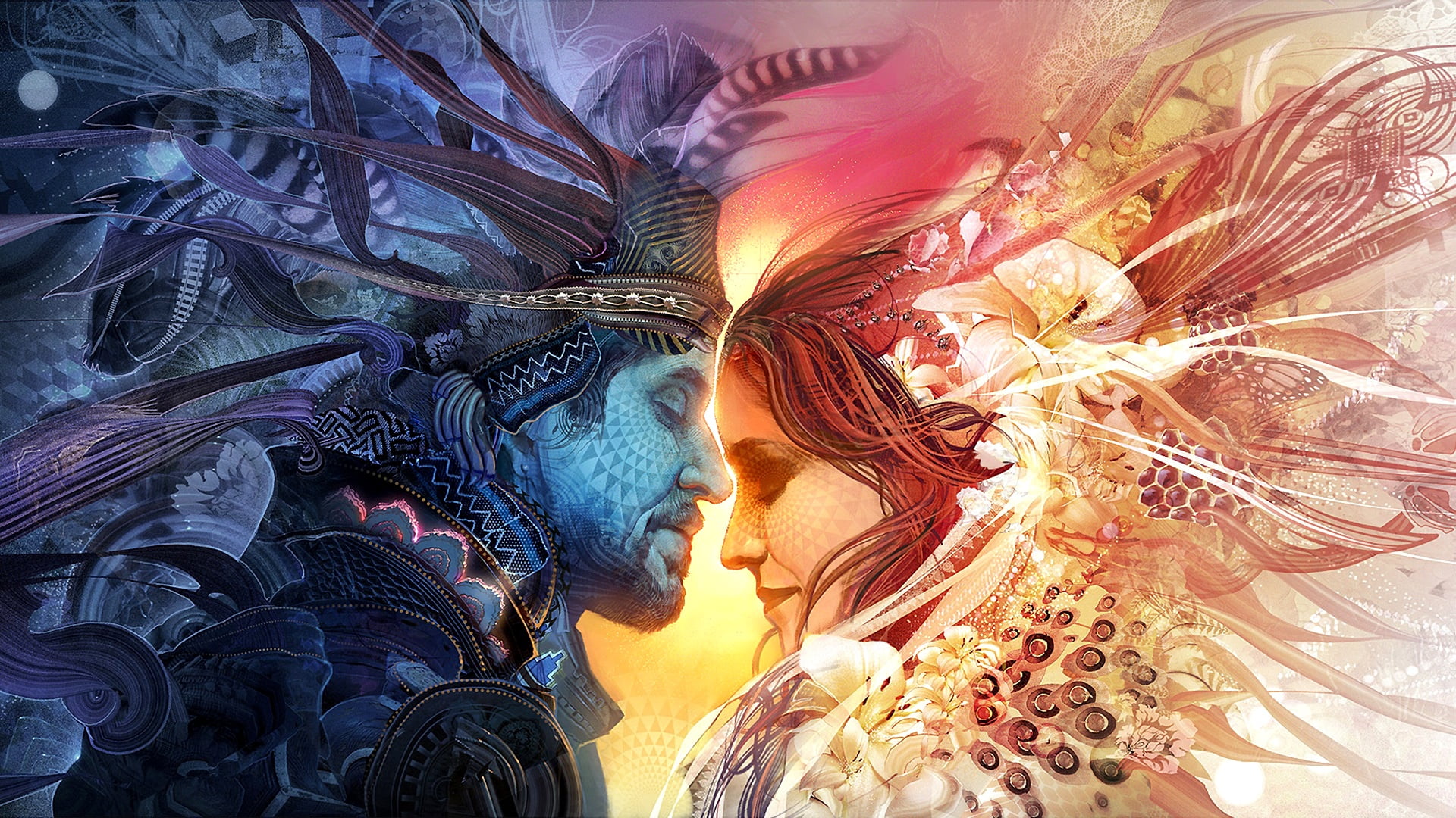 abstarct, mood, Psychedelic, rendering, colorful, man, artwork, colors, native american, couple, feeling, love, woman, digital art, boy, 1080P, texture, HD Wallpaper