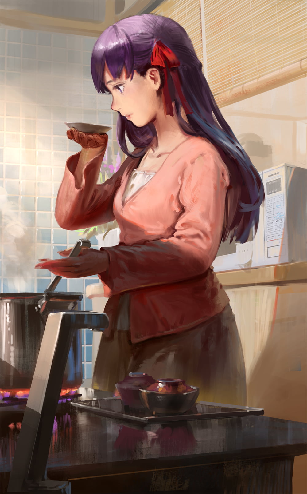 fashion, beautiful woman, people, household equipment, Matou Sakura, domestic room, Fate/Stay Night, waist up, preparing food, Fate Series, standing, food, Phone HD Wallpaper