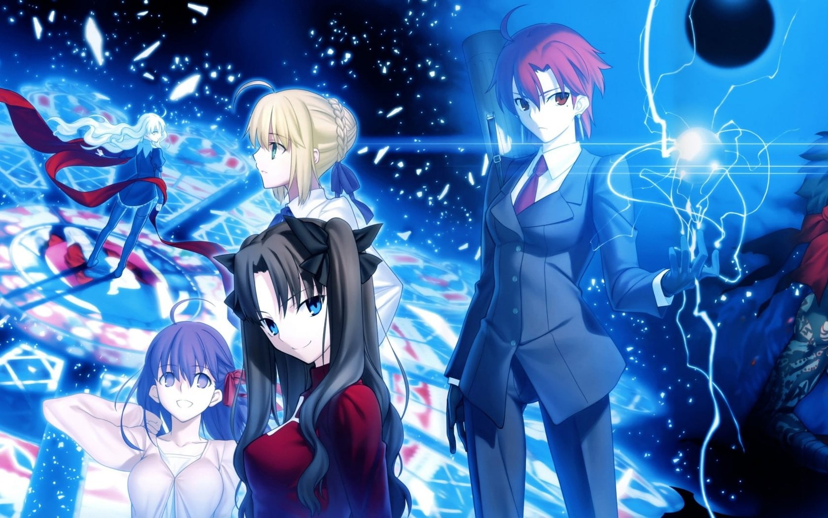 female likeness, blue, night, shopping, Fate/Hollow Ataraxia, large group of objects, Tohsaka Rin, Karen Ortensia, representation, male likeness, Fate Series, HD Wallpaper