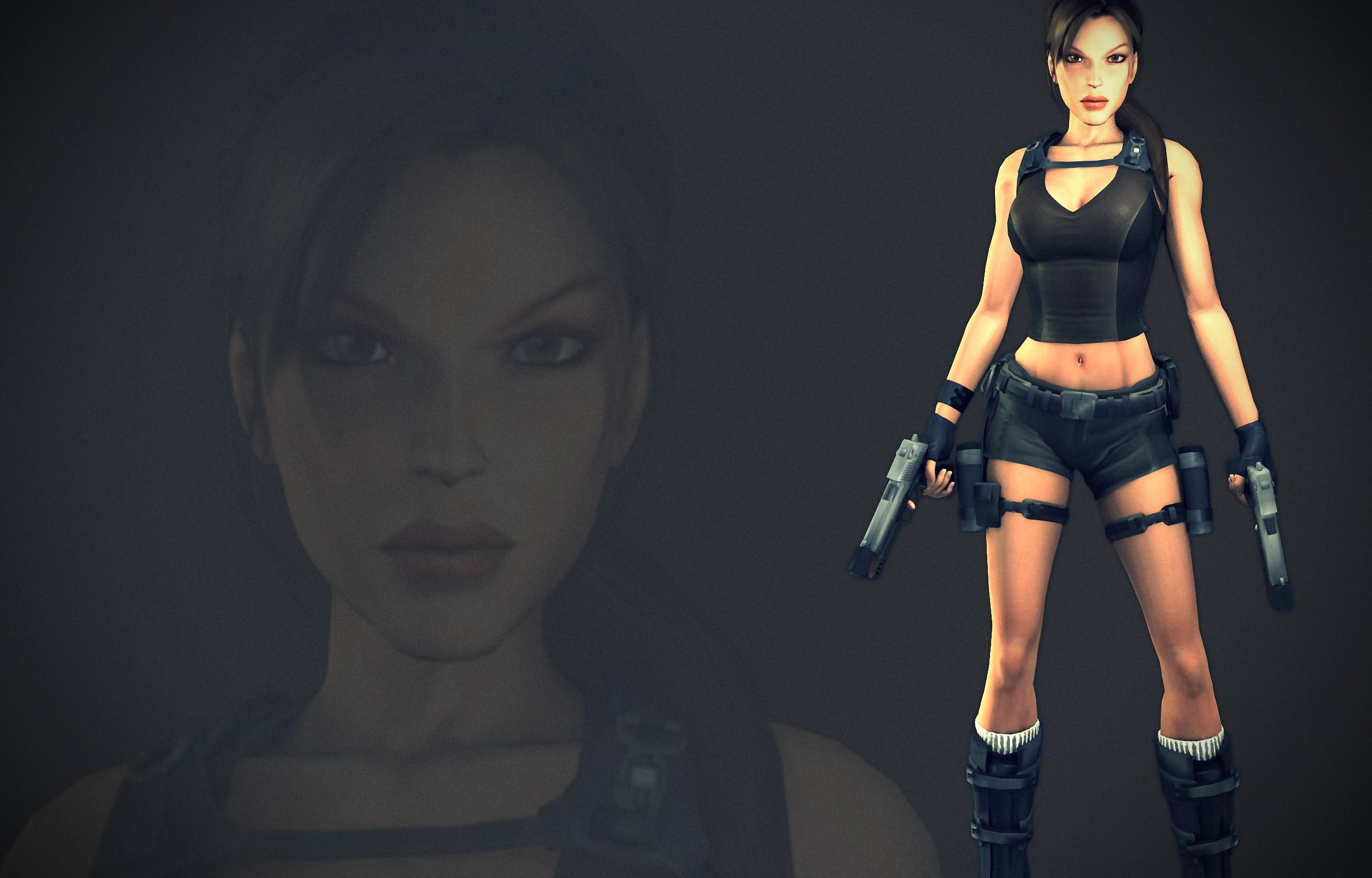fashion, young adult, beauty, black background, women, looking at camera, dark, robot, hot pants, Lara Croft, indoors, beautiful woman, young women, human representation, HD Wallpaper