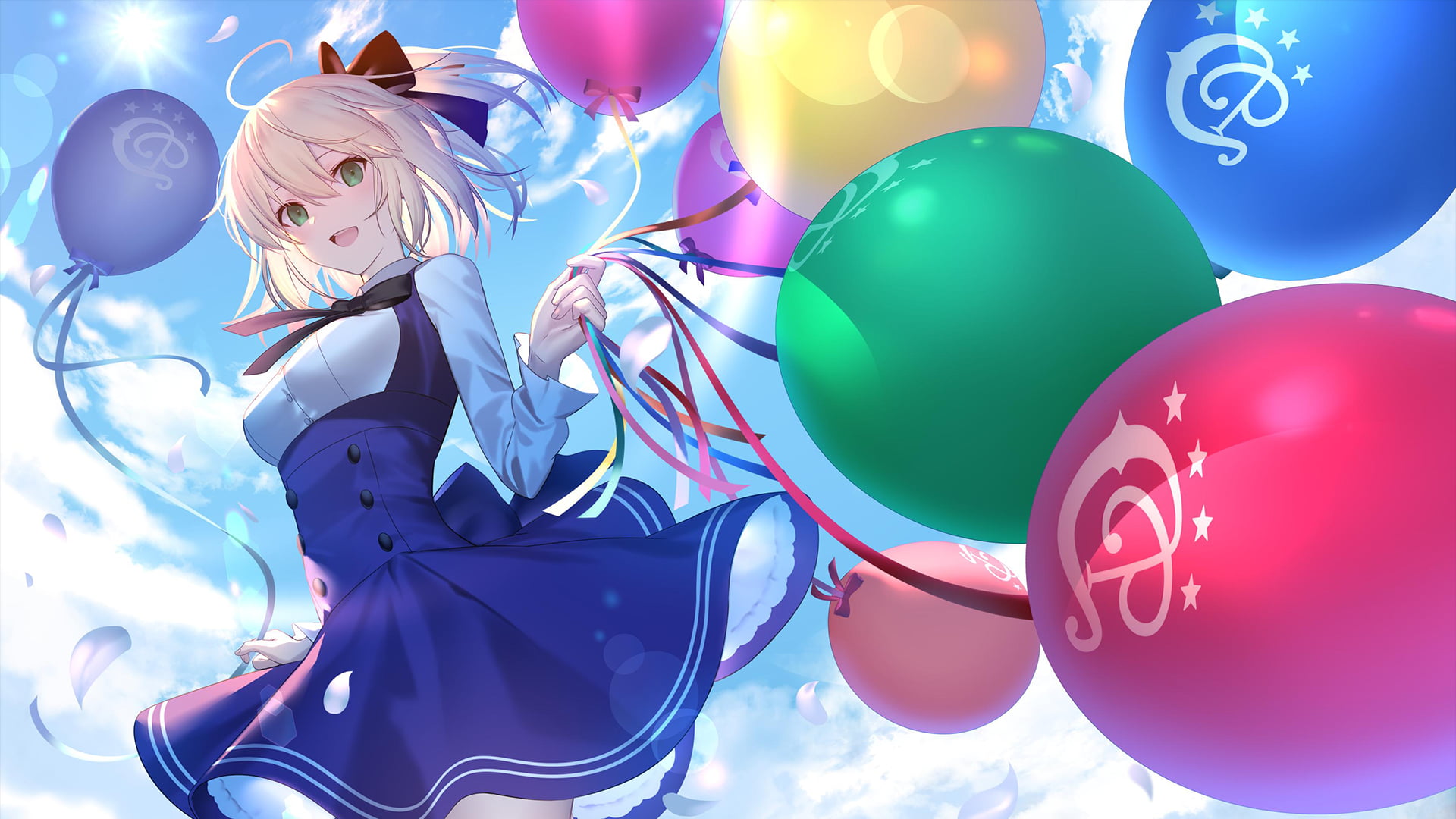 Saber (Fate Series), Fate Series, Blue Dress, Green Eyes, Balloon, Artoria Pendragon, 1080P, Fate/Stay Night, Blonde, HD Wallpaper