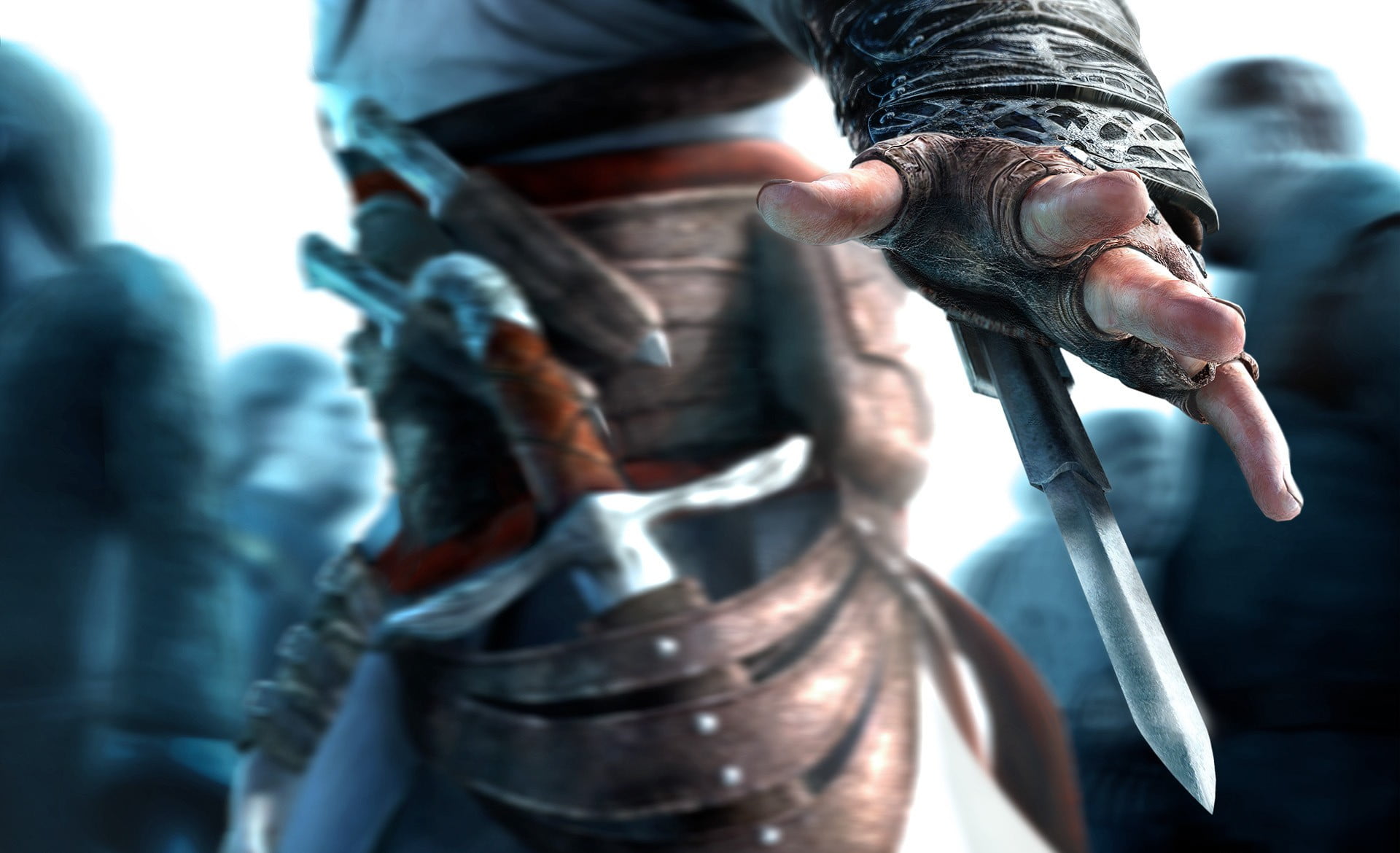 human body part, suit of armor, occupation, Altaïr Ibn-LaAhad, hand, focus on foreground, art and craft, weapon, close-up, military, artwork, Assassins Creed, HD Wallpaper